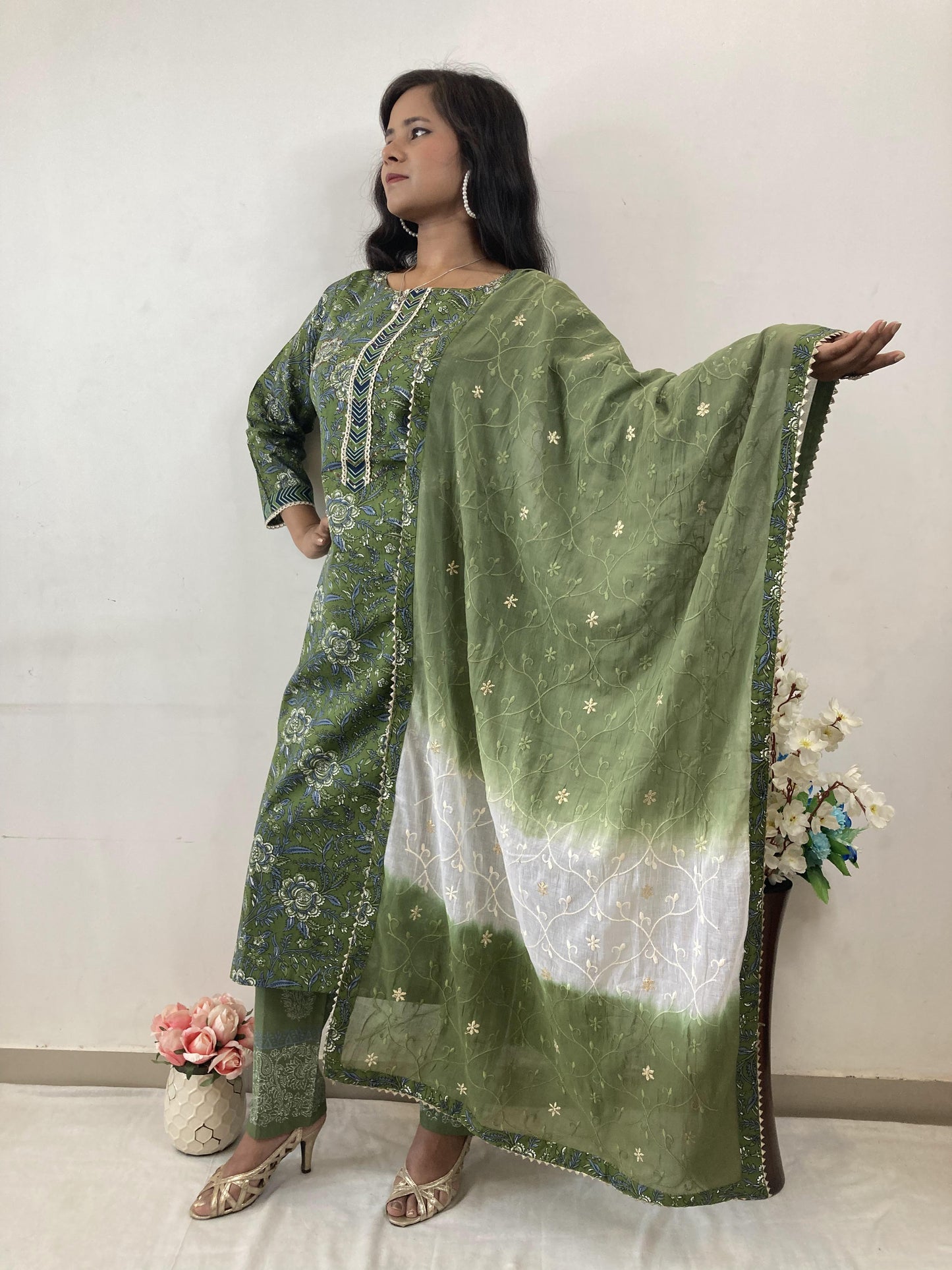 Forest Green Pure Cotton Embroidered Suit Set (set of 3)