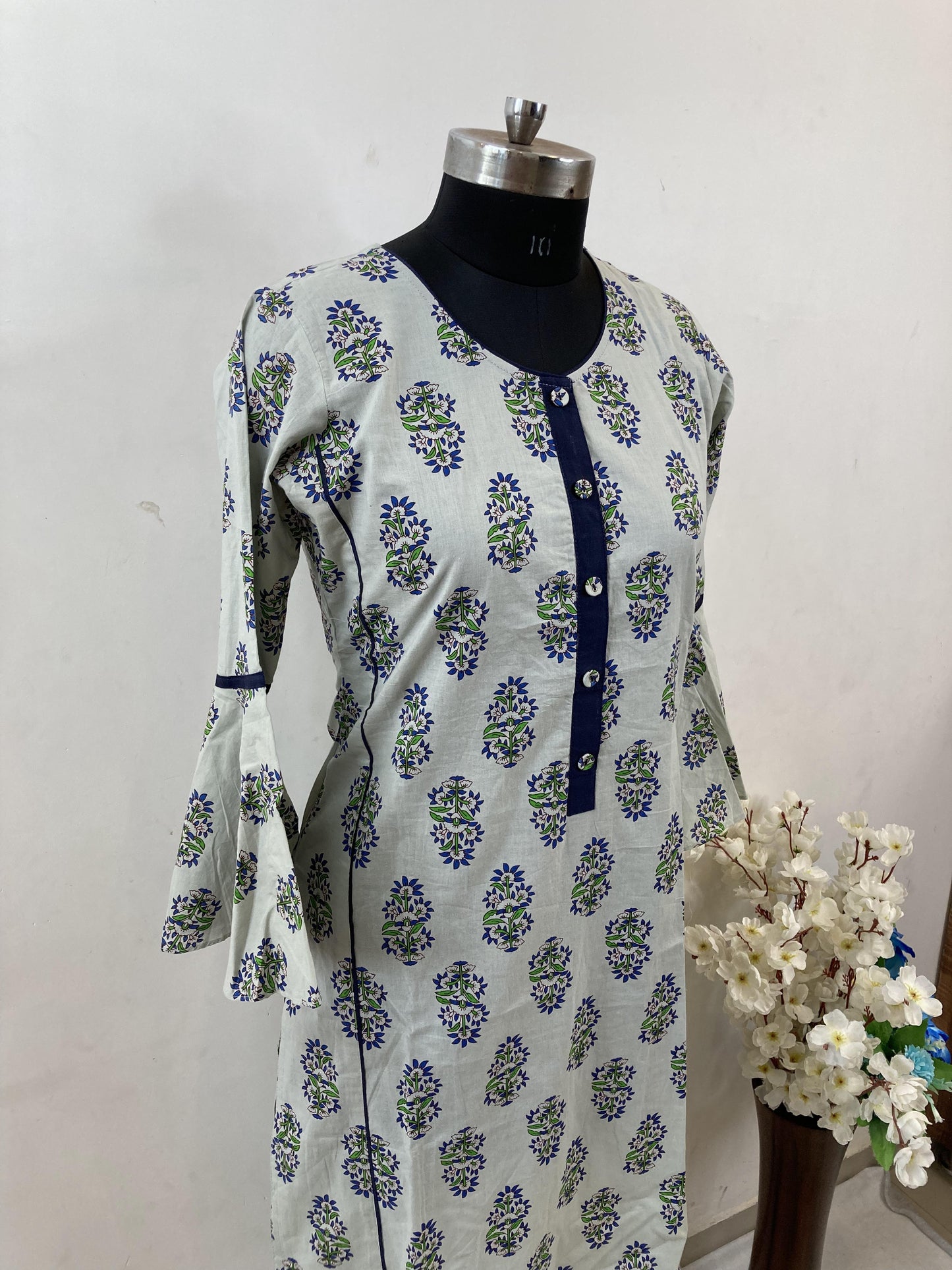 Green Piping printed pure cotton office wear straight Kurti Set