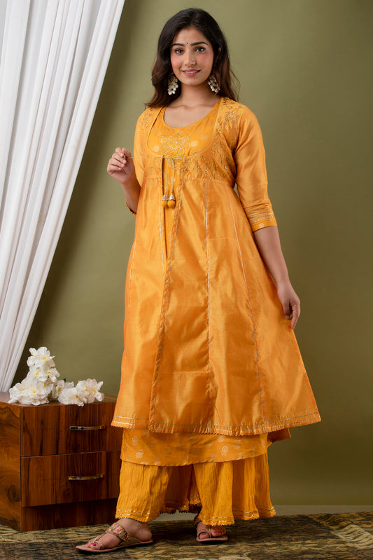 Yellow Embroidered A-Line Suit Set(Set of 3)