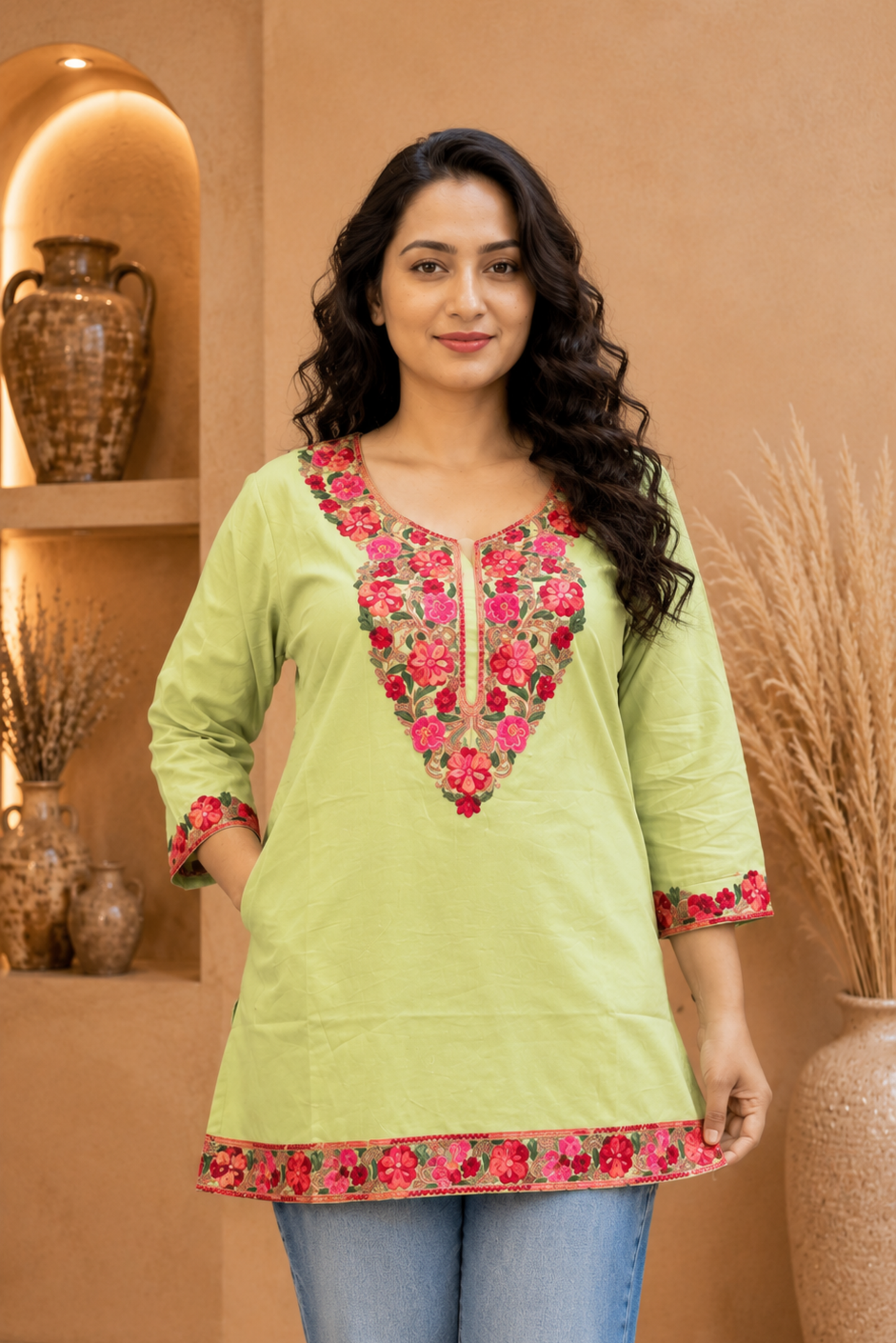 Pista Green Cotton Short Kurti