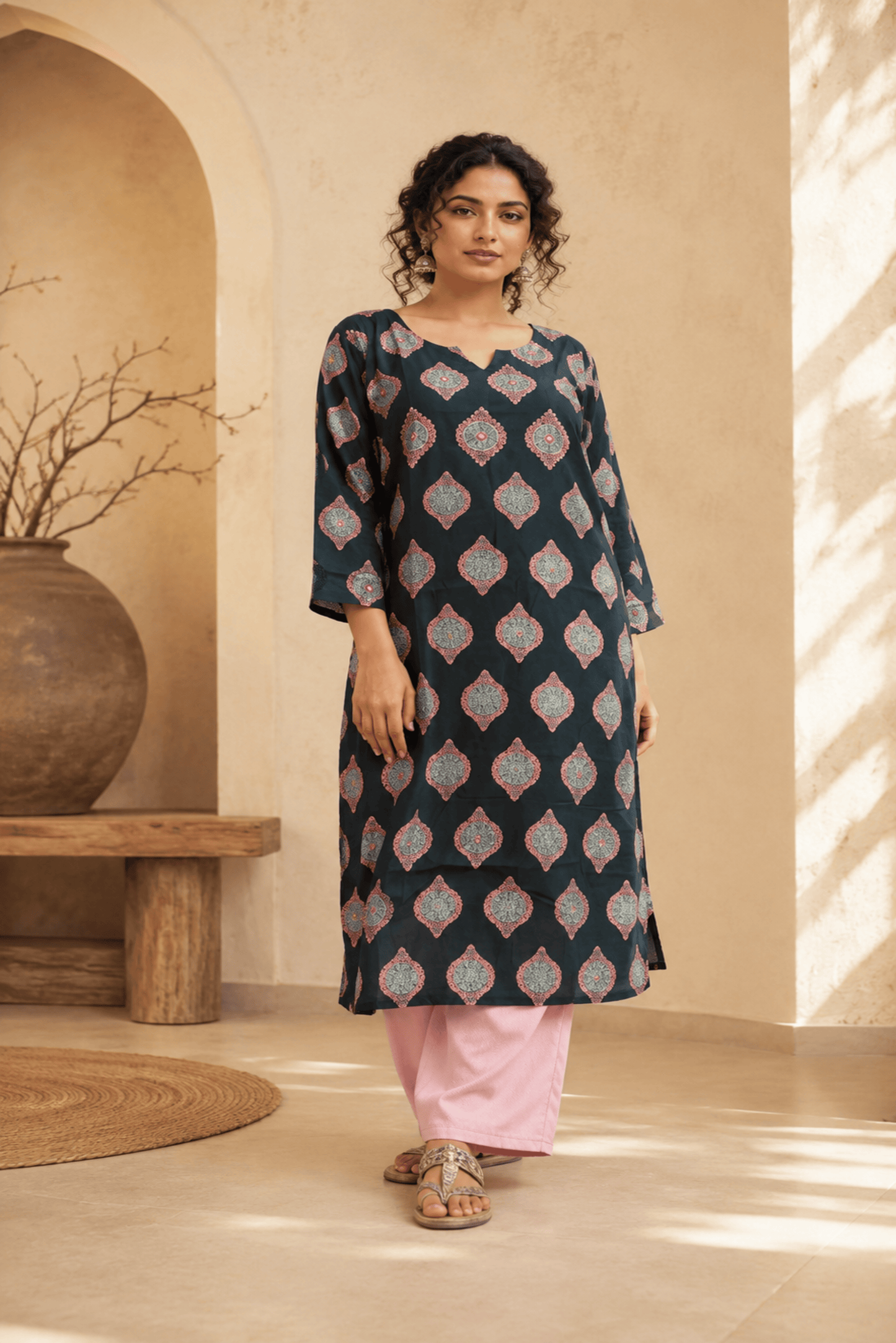 Green Rayon Embroidered Kurti