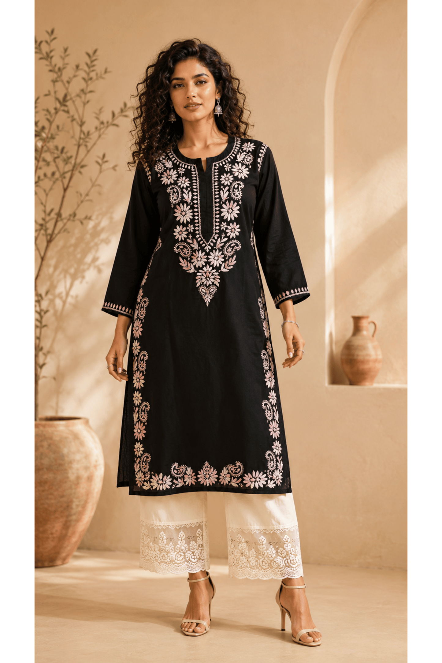 Black Embroidered Straight Kurti