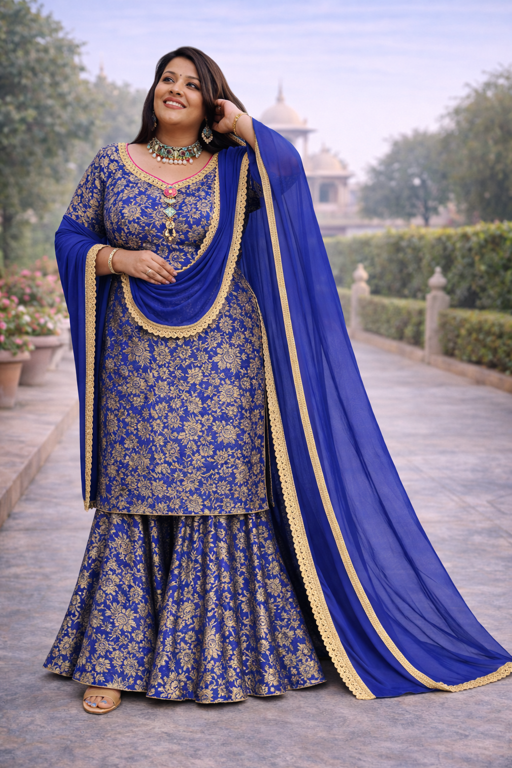 Blue-Blue Brocade Sharara Suit Set
