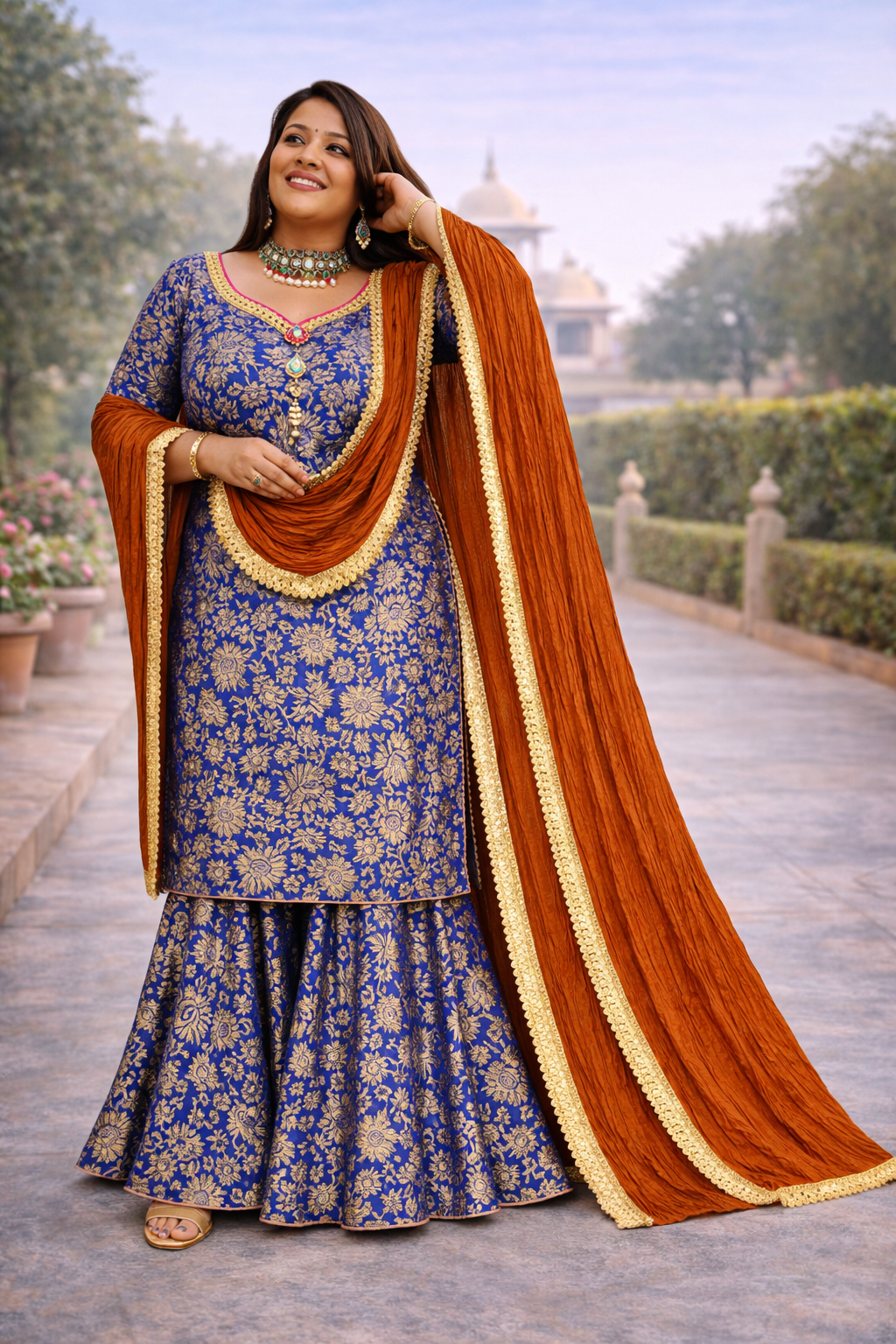 Blue-Rust Brocade Sharara Suit Set