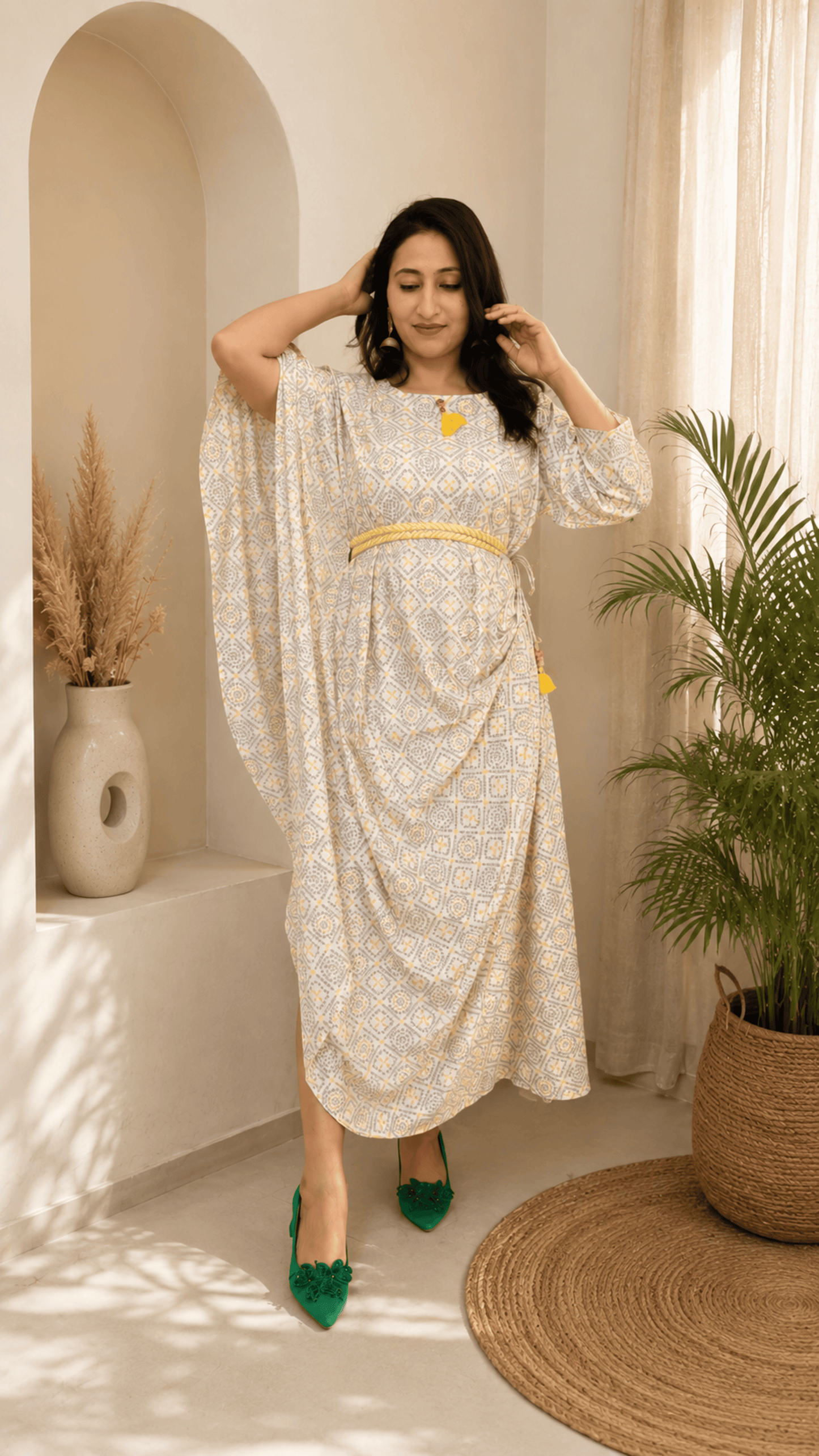Creame Yellow Bandhani Kaftan