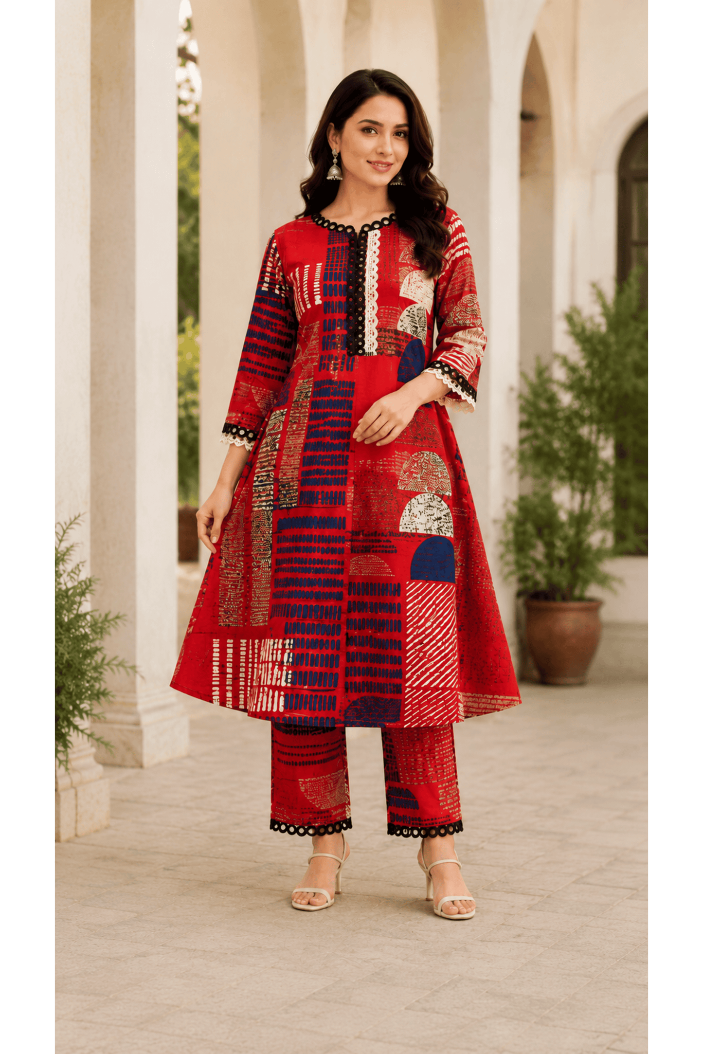 Red Printed Cotton Rayon A-Line Kurti and Pants