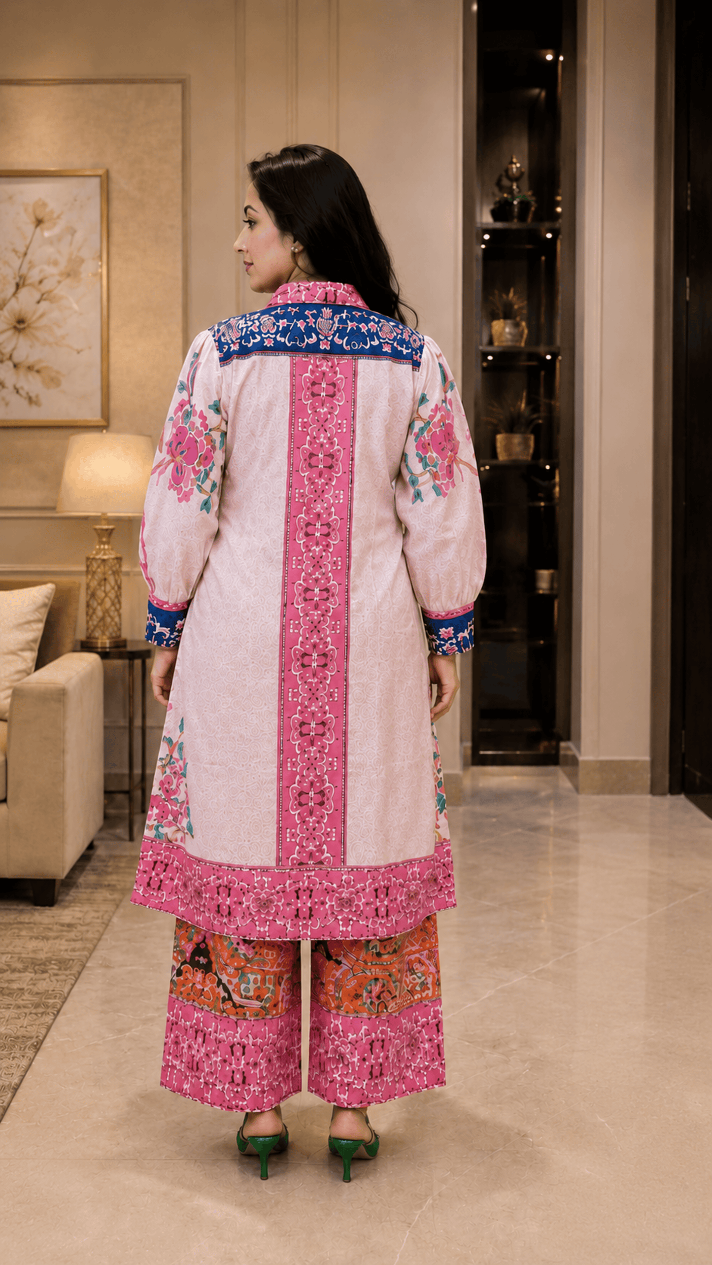Cream Pink Printed Cotton Shrug Style suit set