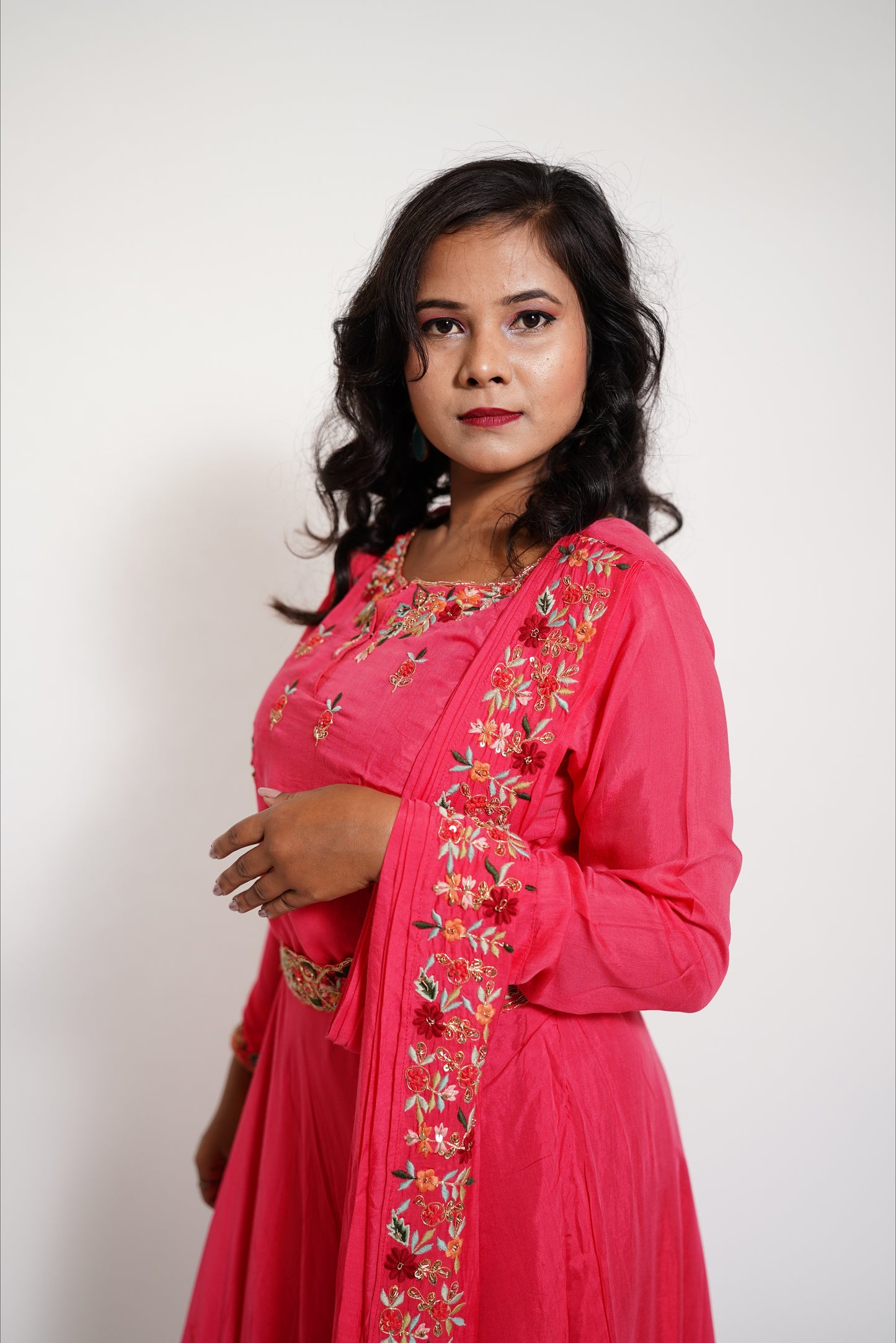 Hot Pink Long pleated Anarkali Dress