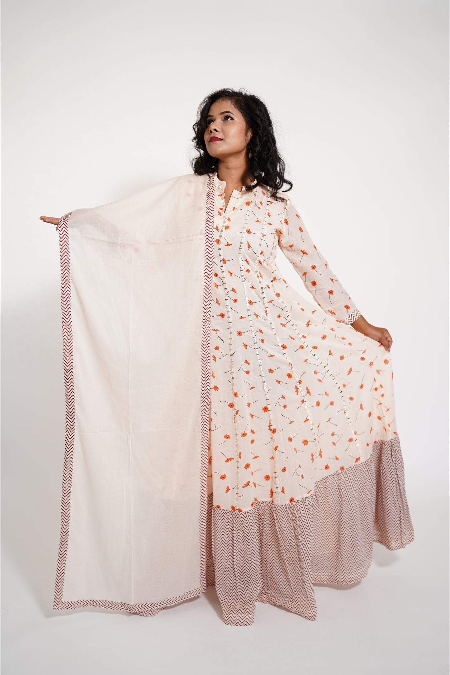 Orange Peach Long Mulcotton Kalidaar Anarkali Dress