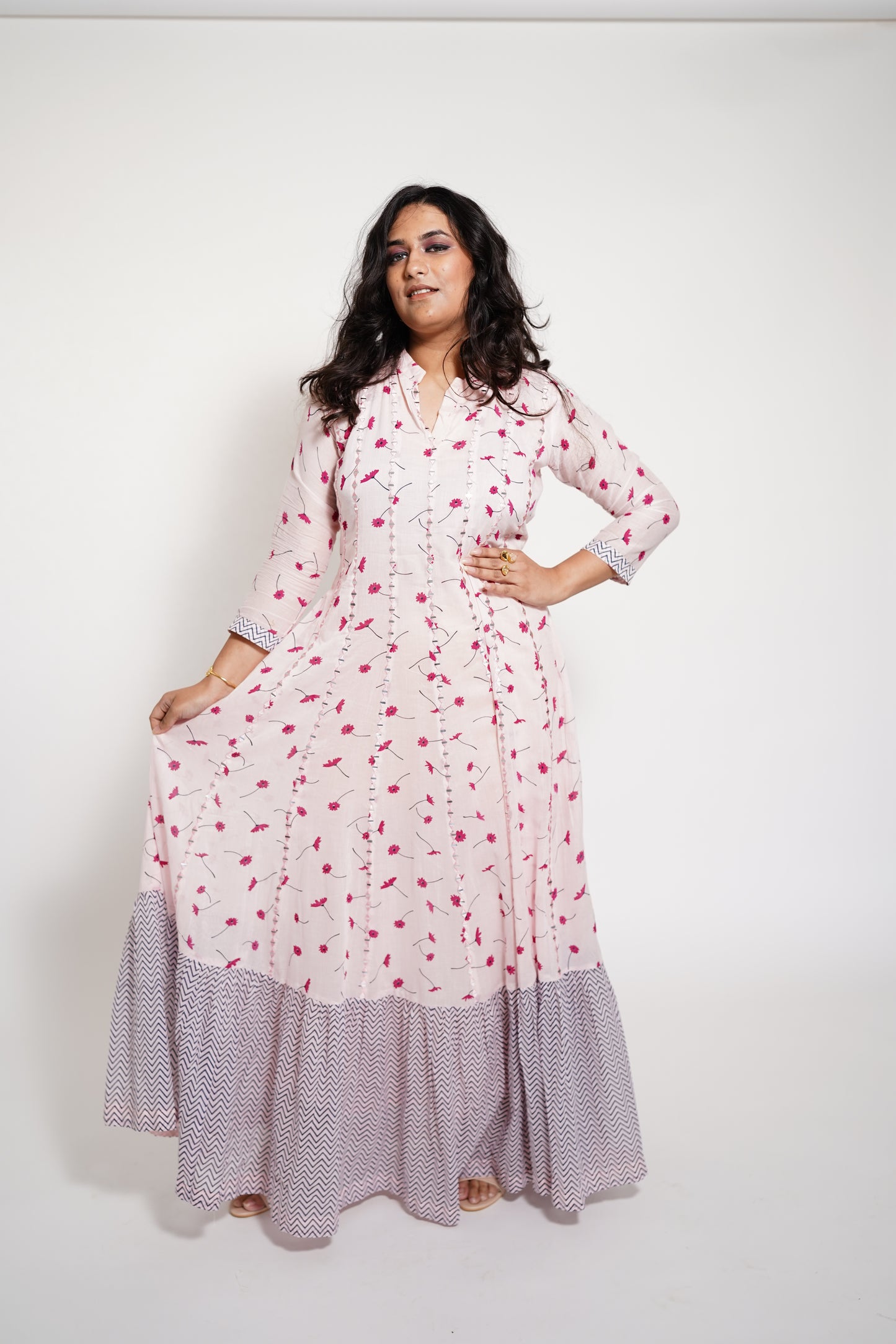 Flesh Pink Long Mulcotton Kalidaar Anarkali Dress