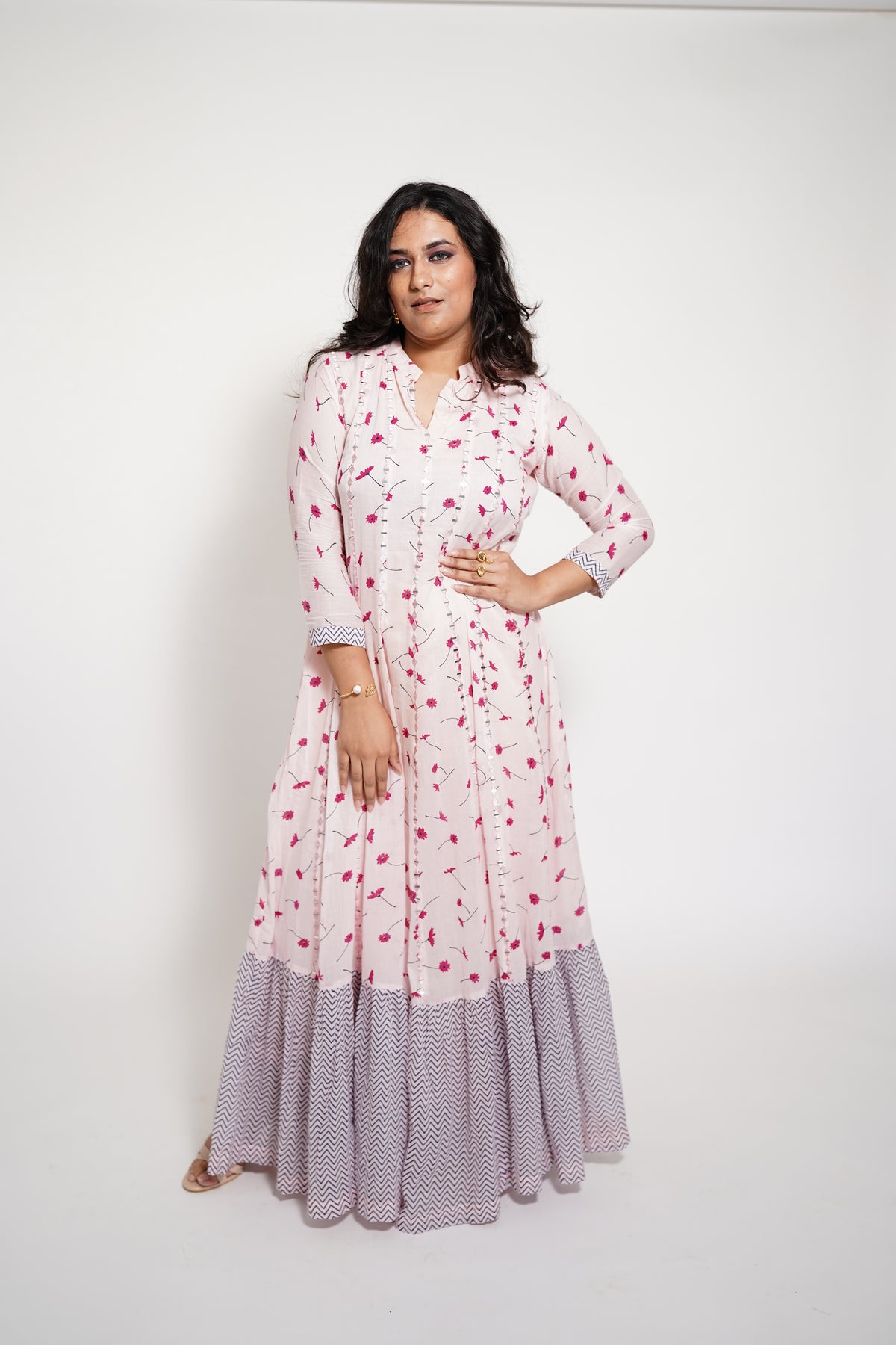 Flesh Pink Long Mulcotton Kalidaar Anarkali Dress