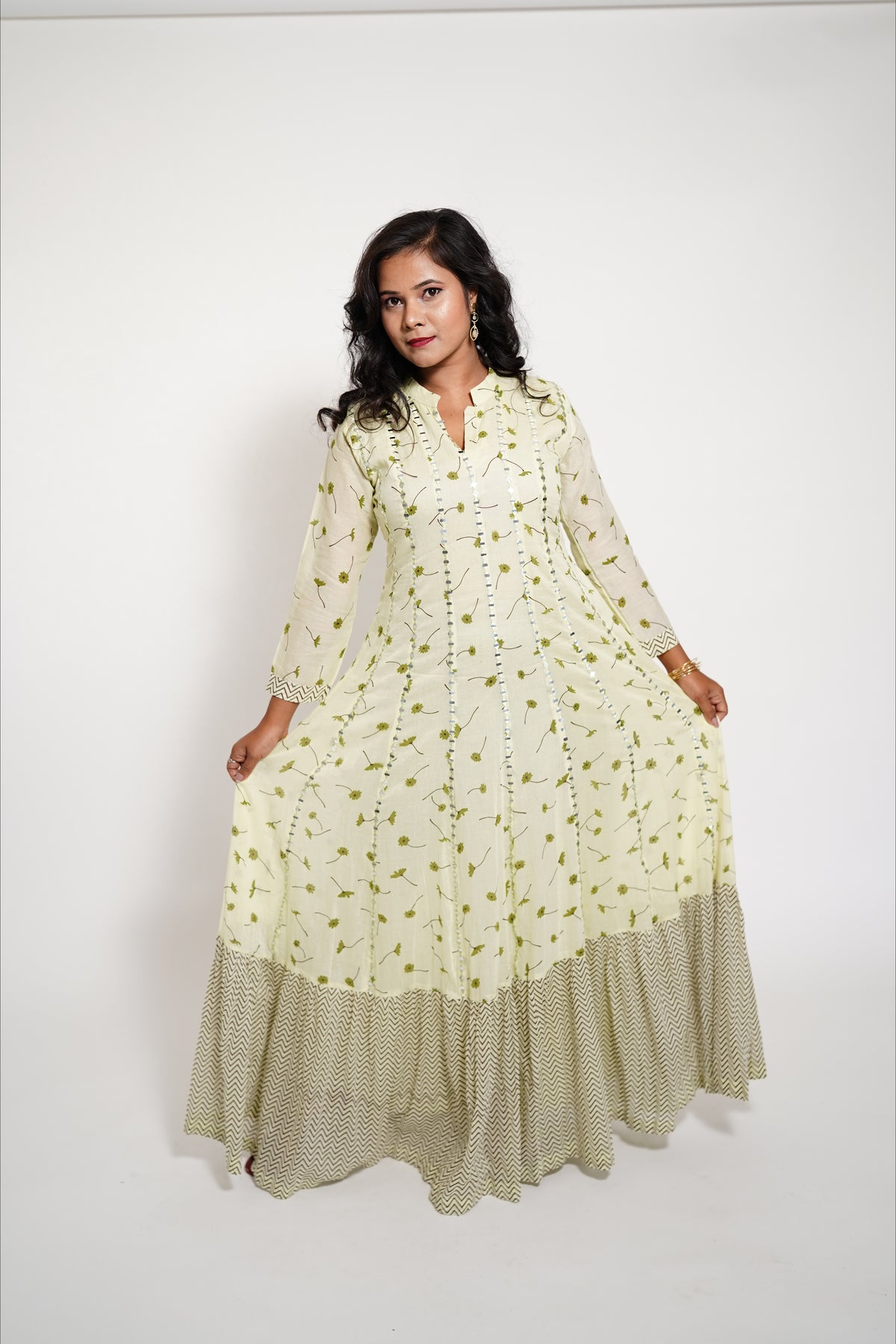 Light Green Long Mulcotton Kalidaar Anarkali Dress