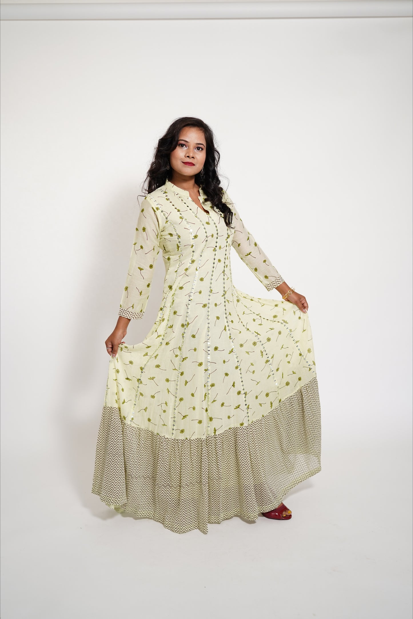 Light Green Long Mulcotton Kalidaar Anarkali Dress