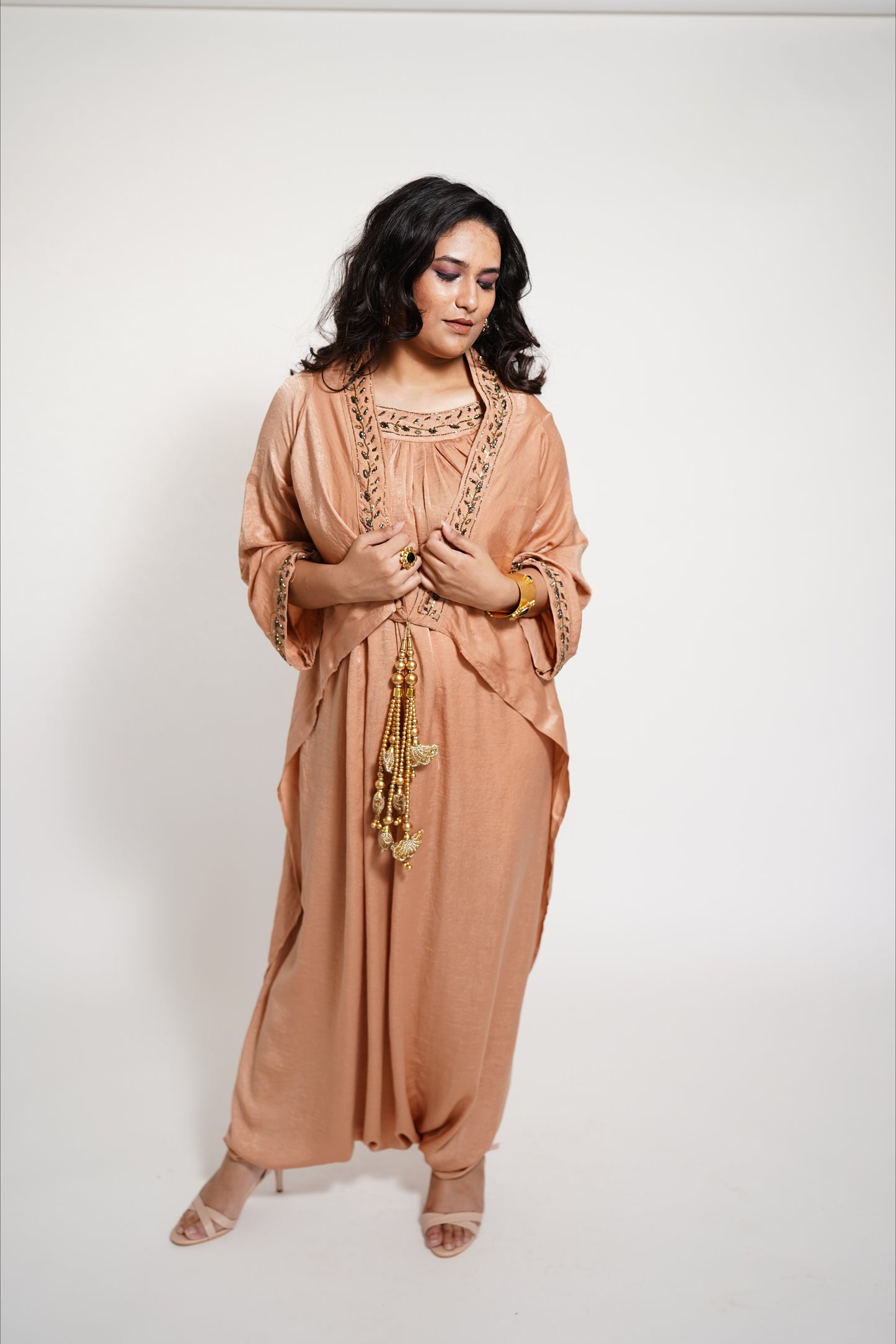 Peach Designer Drape Dress