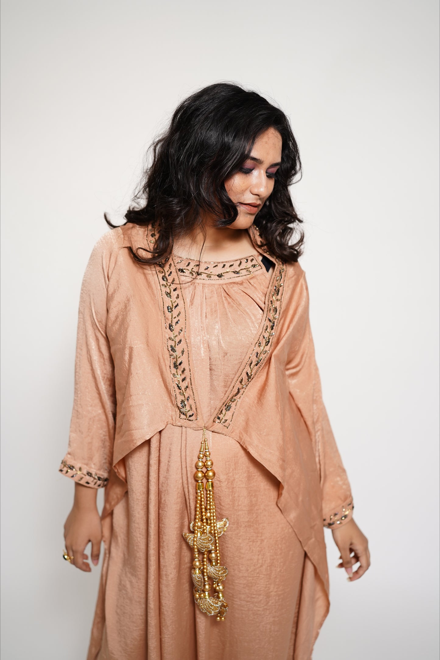 Peach Designer Drape Dress