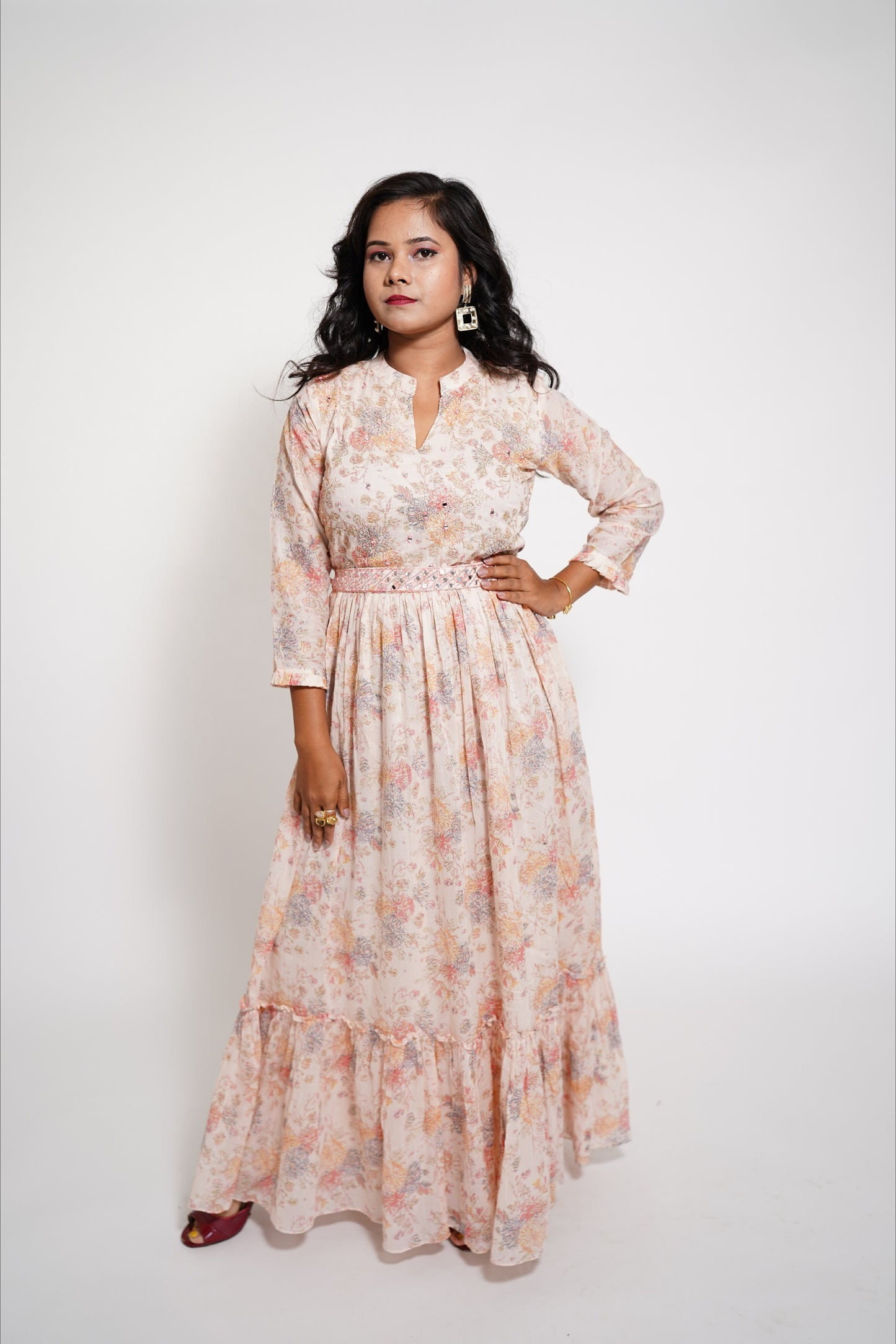 Peach Long Anarkali Mirror work Suit Set