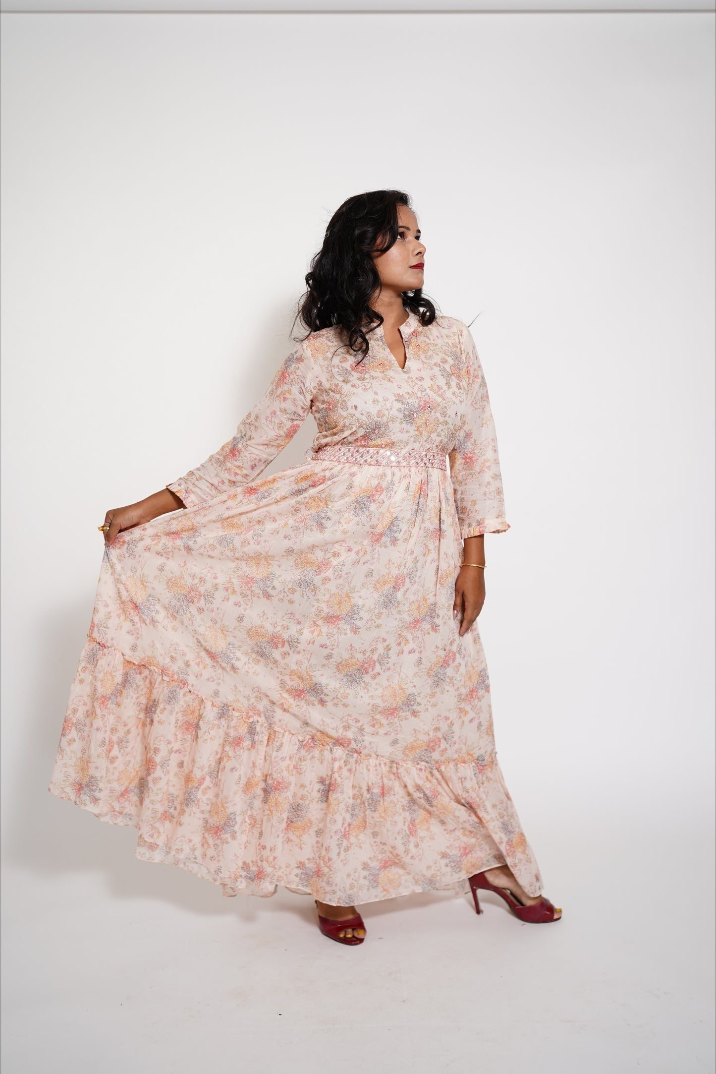 Peach Long Anarkali Mirror work Suit Set