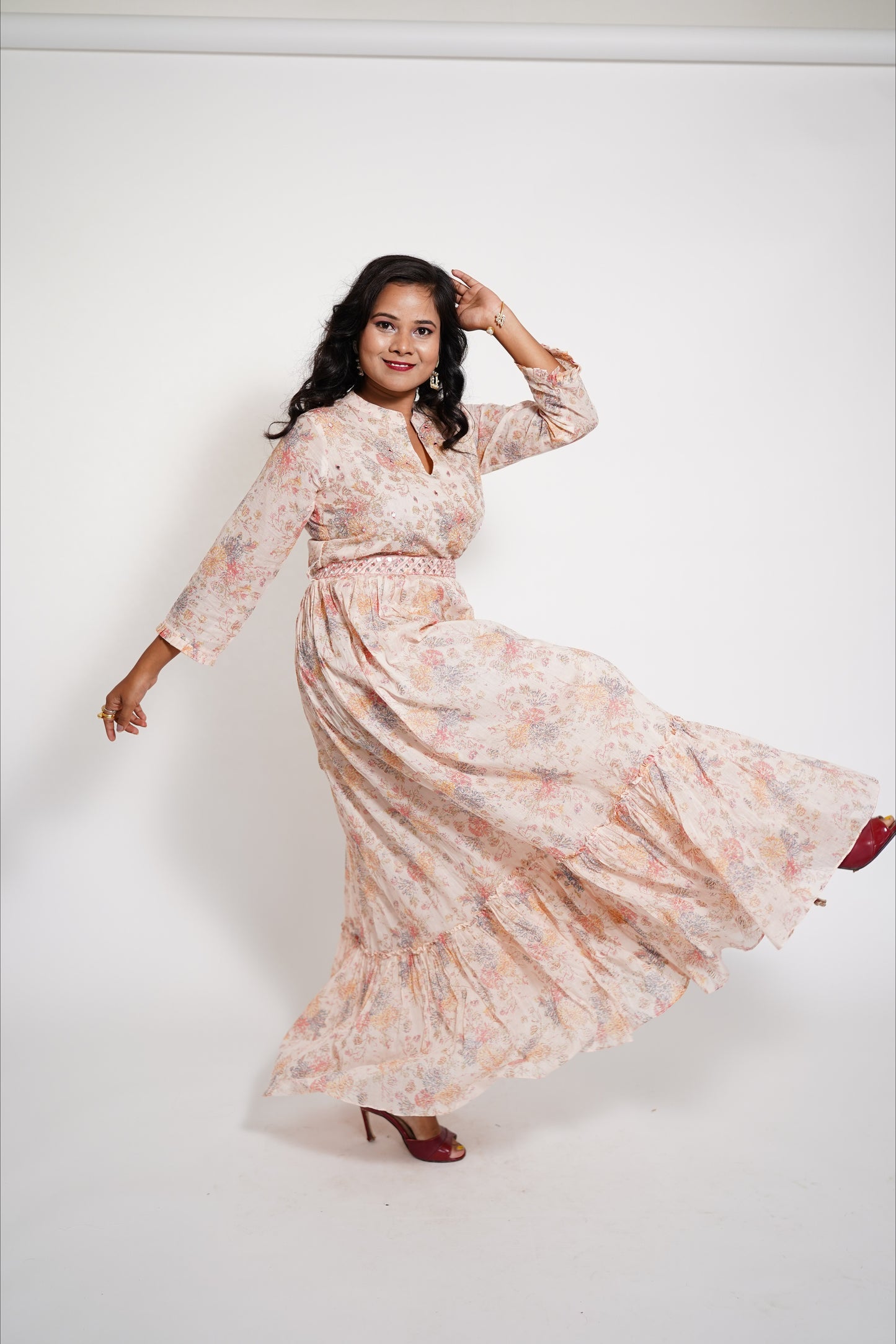 Peach Long Anarkali Mirror work Suit Set