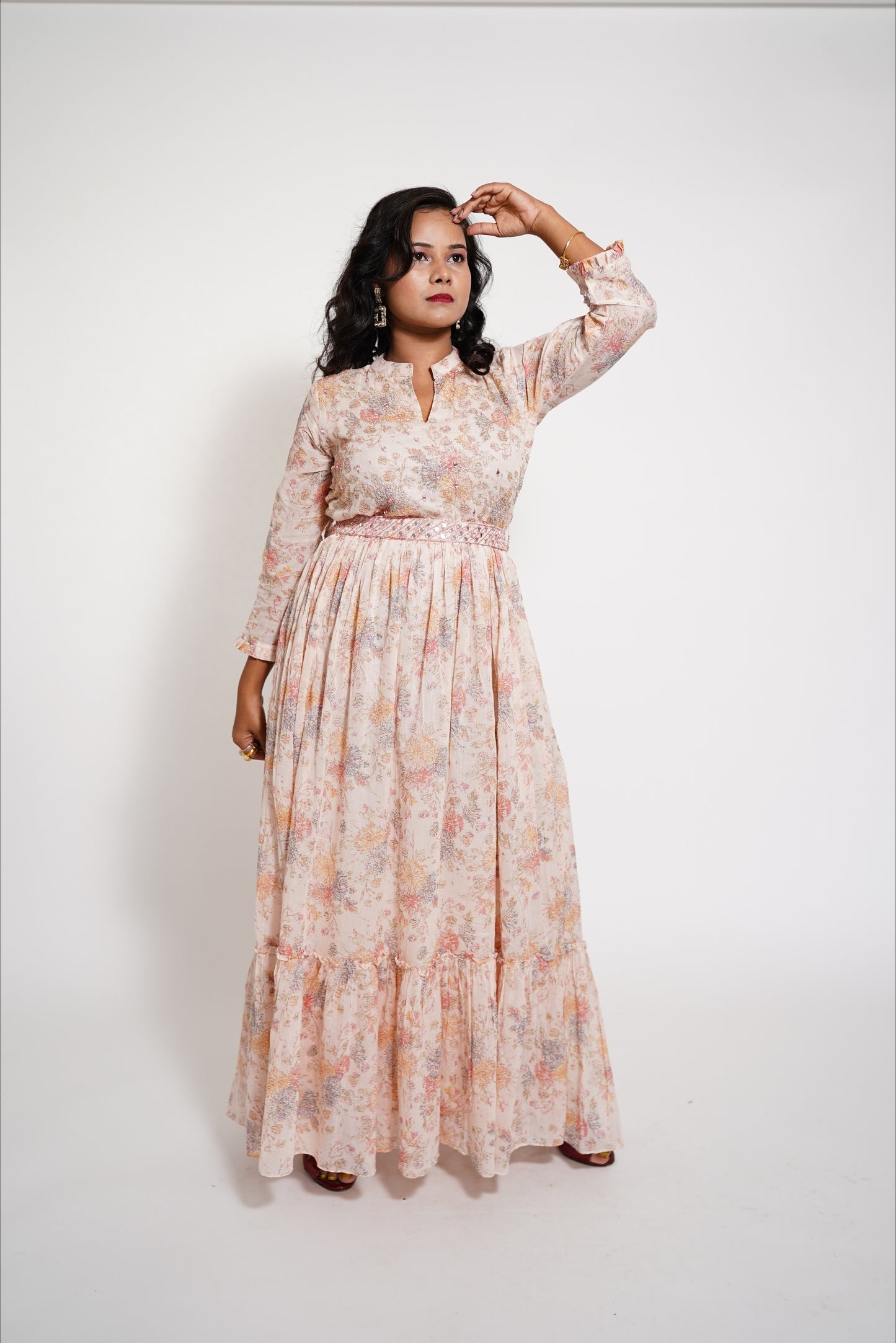 Peach Long Mulcotton Anarkali Mirror work Suit