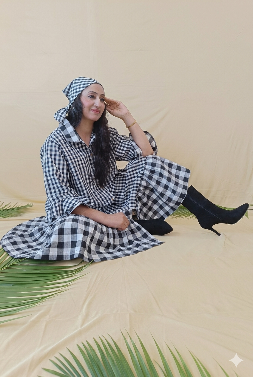 Monocromatic Black & white checks cotton long shirt