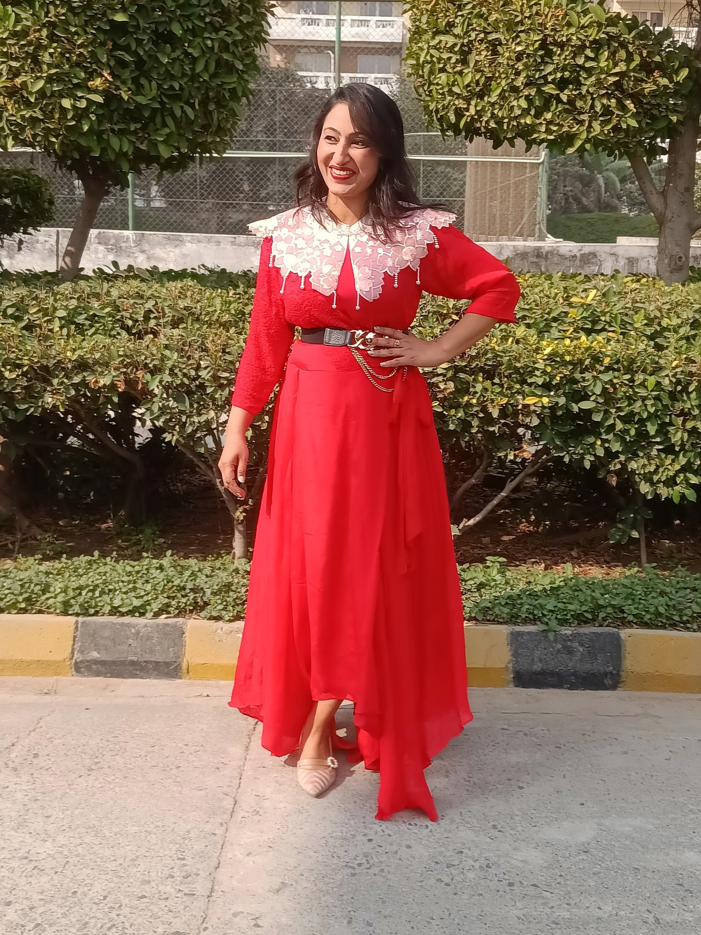 Red Drape long Anarkali Dress