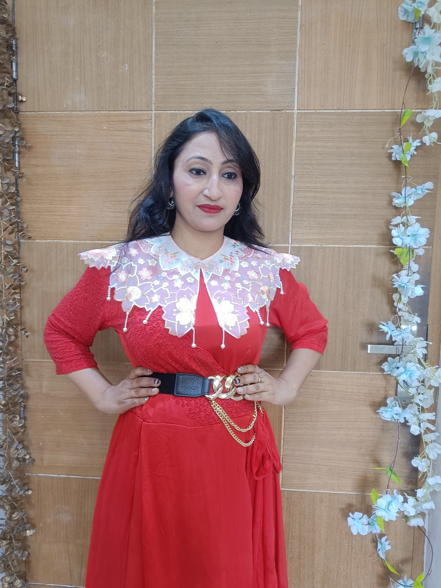 Red Drape long Anarkali Dress