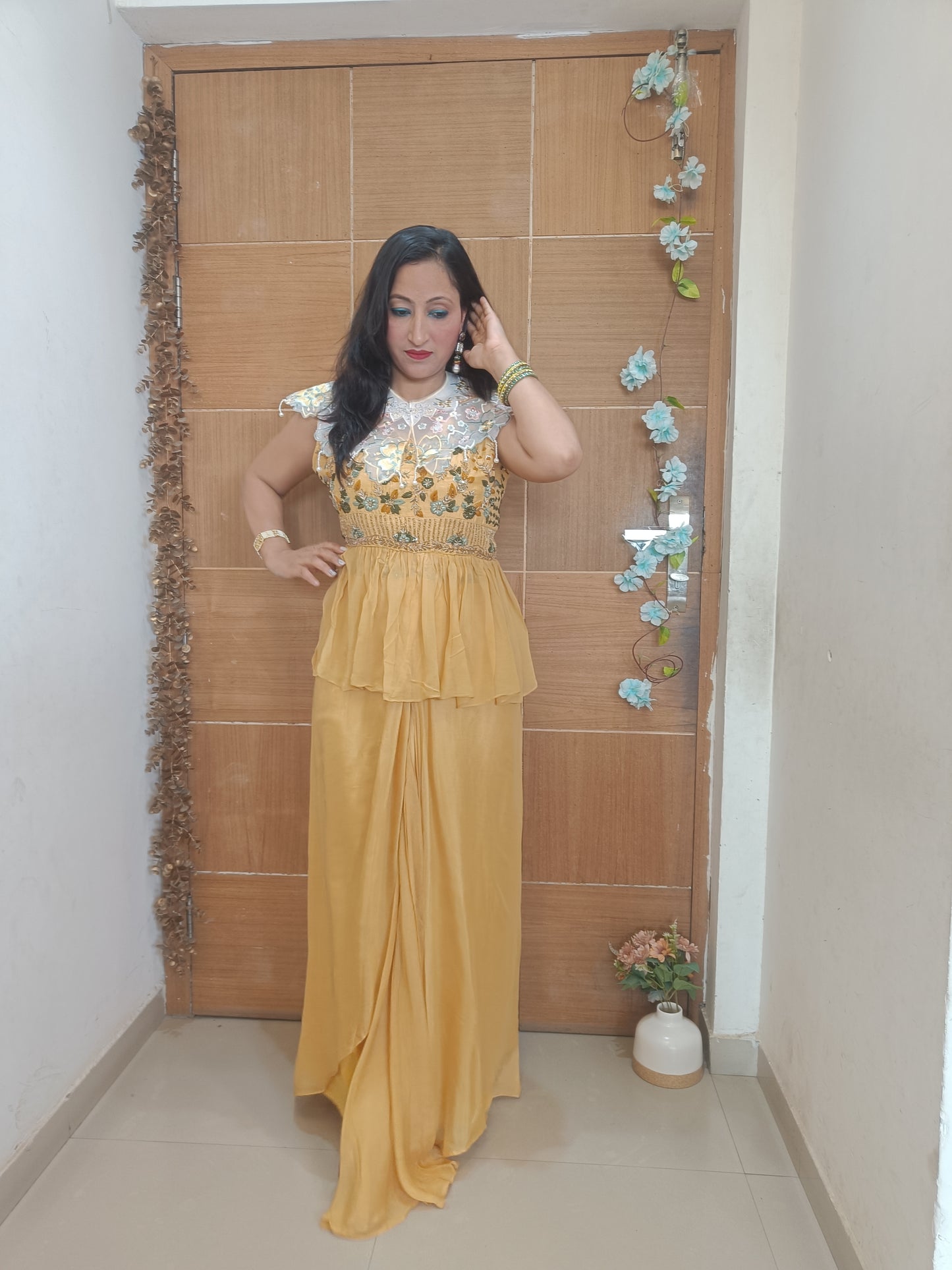 Yellow Indowesten Party Wear Lehanga Dress