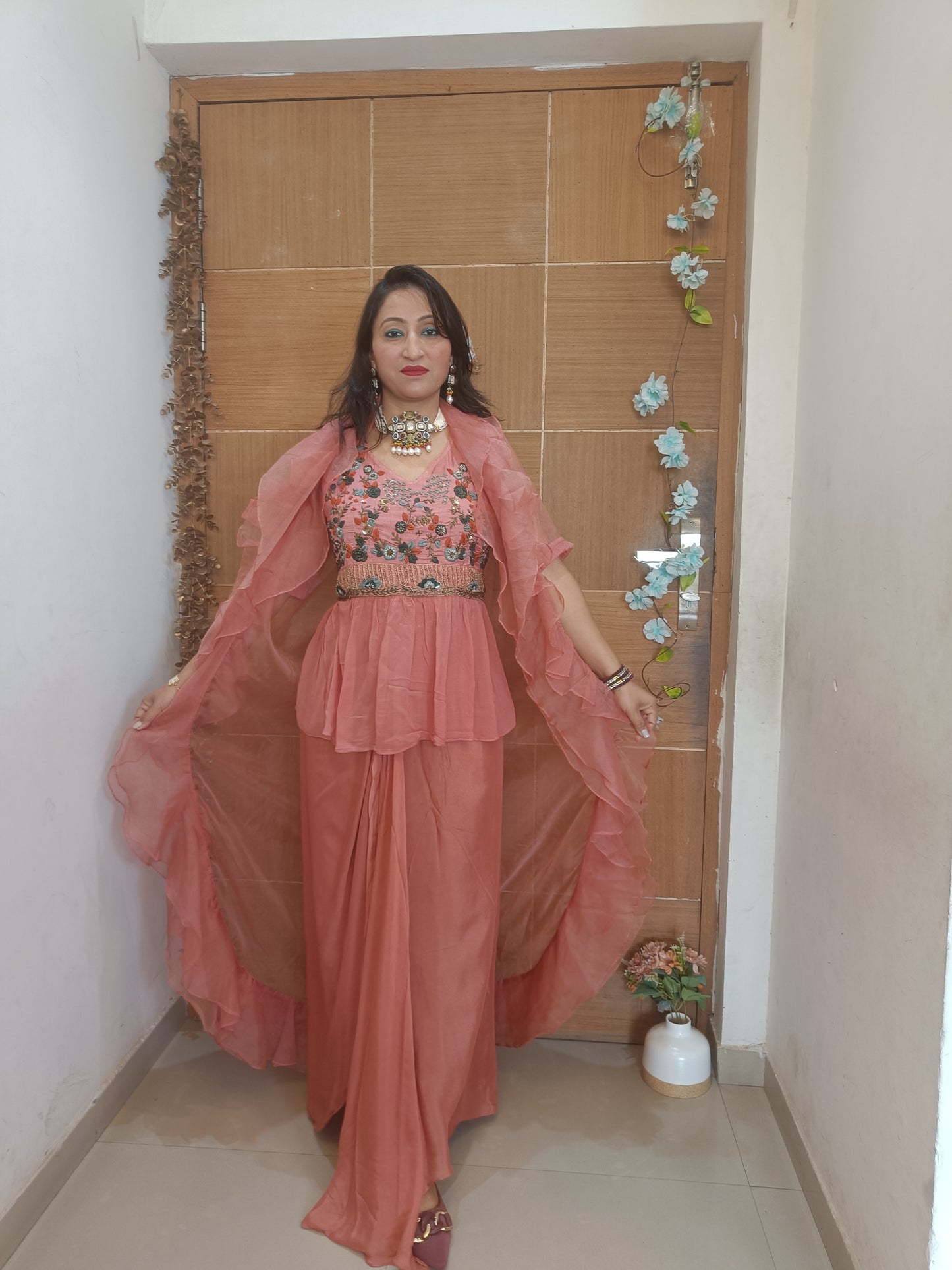 Rust Indowestern Party Wear Lehenga Dress