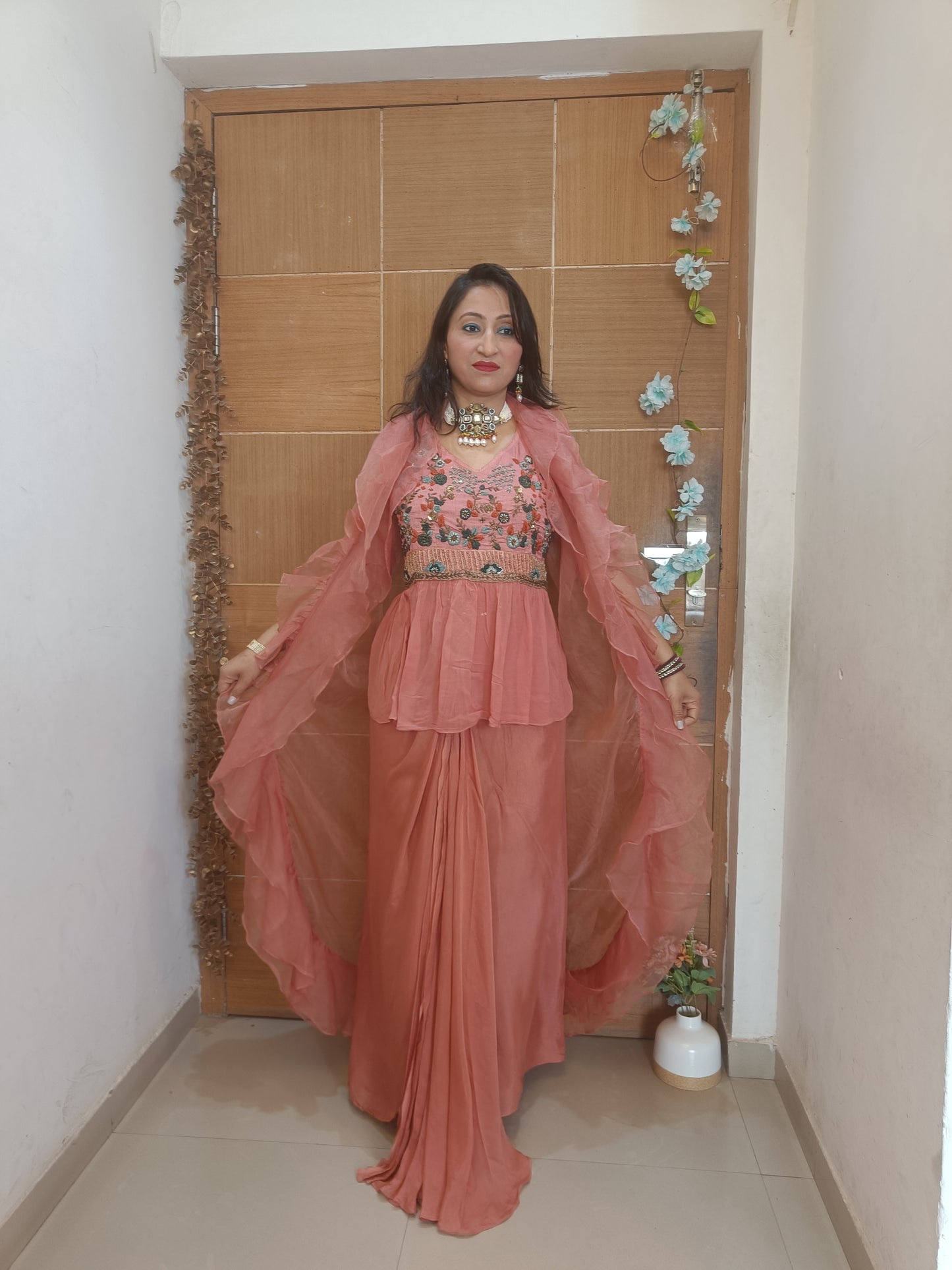 Rust Indowestern Party Wear Lehenga Dress