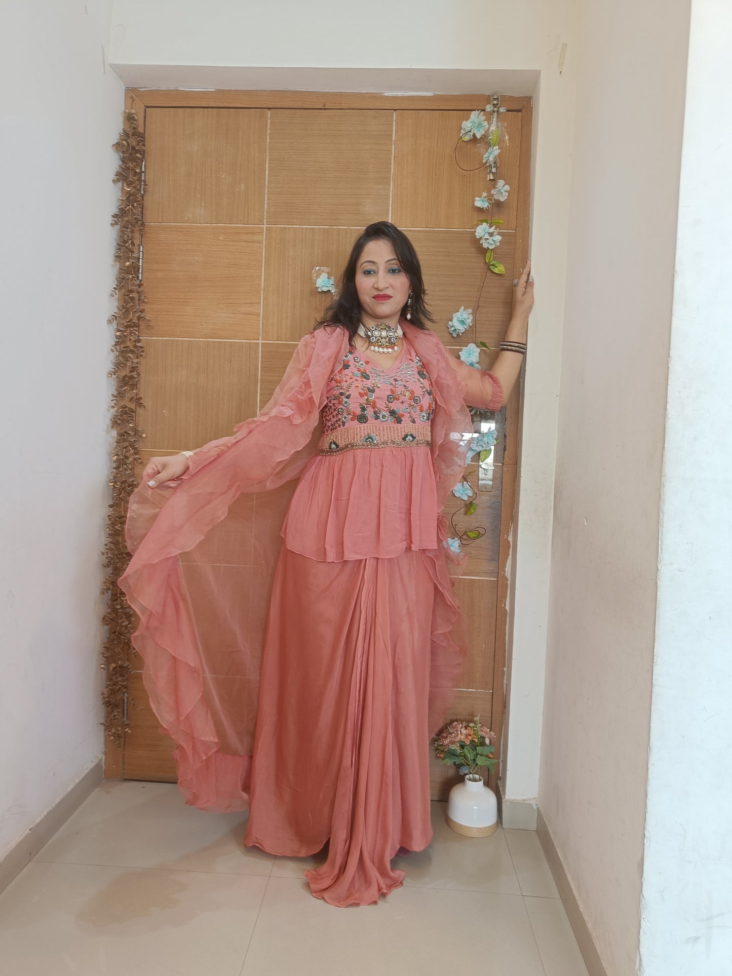 Rust Indowestern Party Wear Lehenga Dress