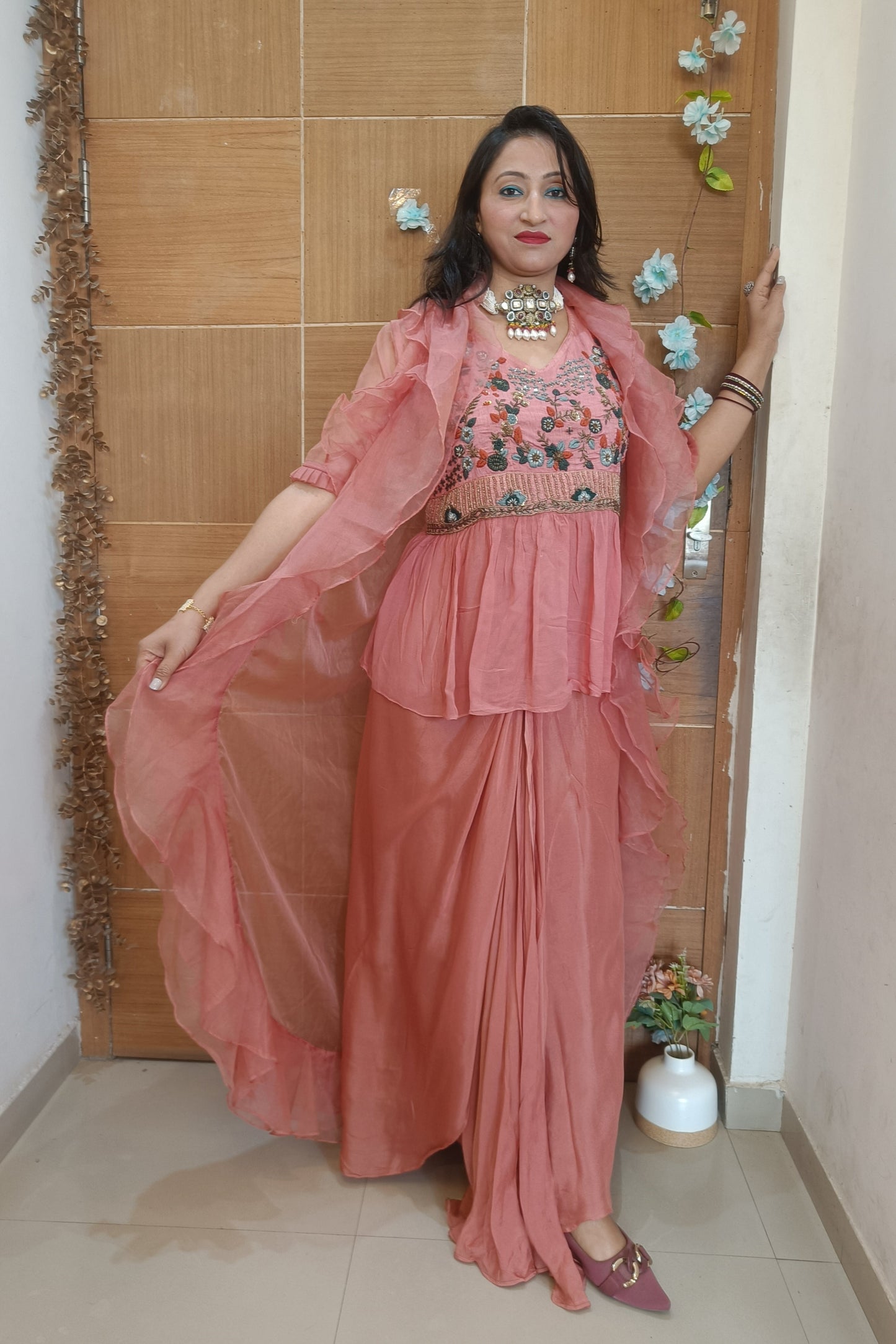 Rust Indowestern Party Wear Lehenga Dress