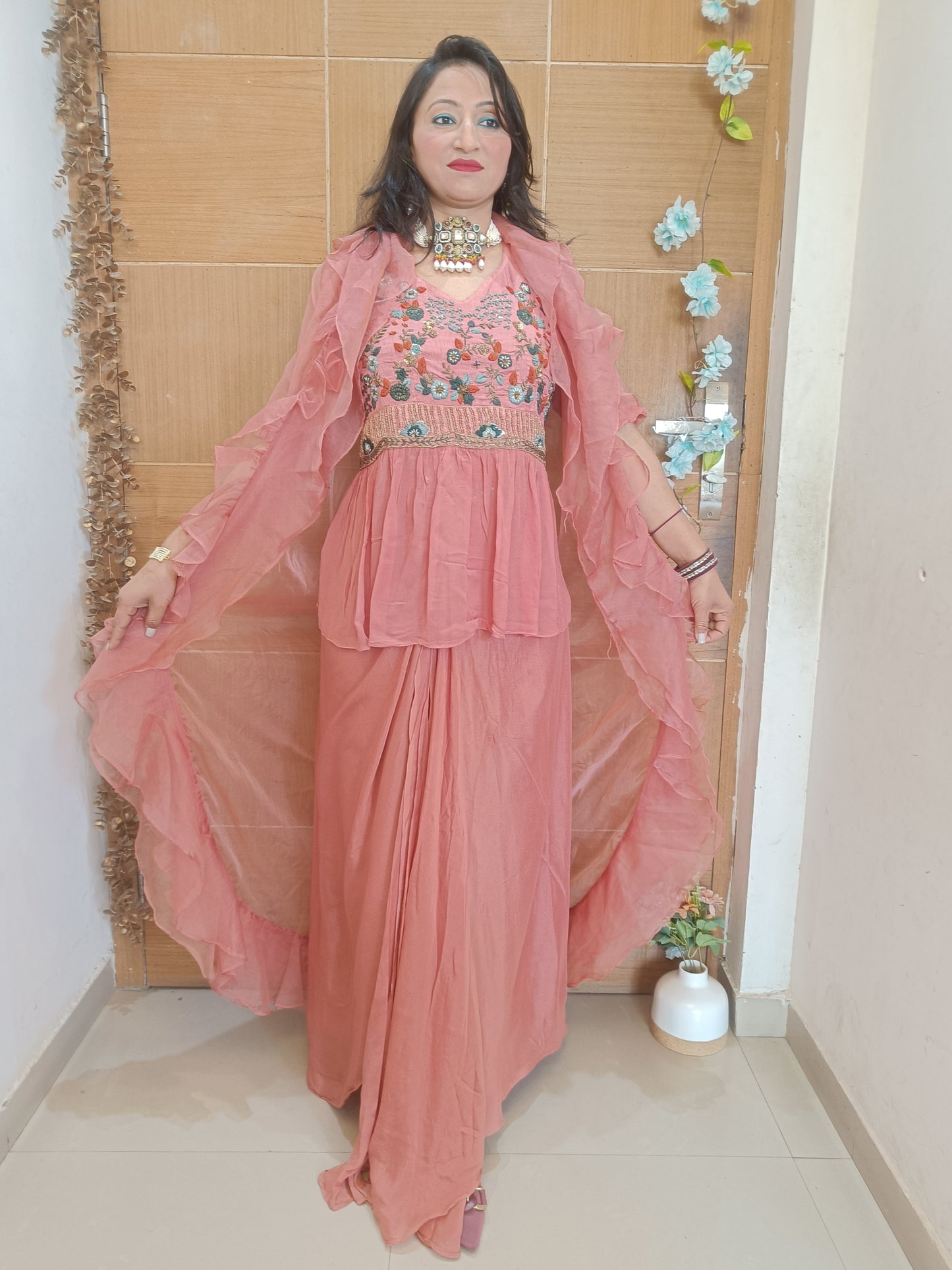 Rust Indowestern Party Wear Lehenga Dress