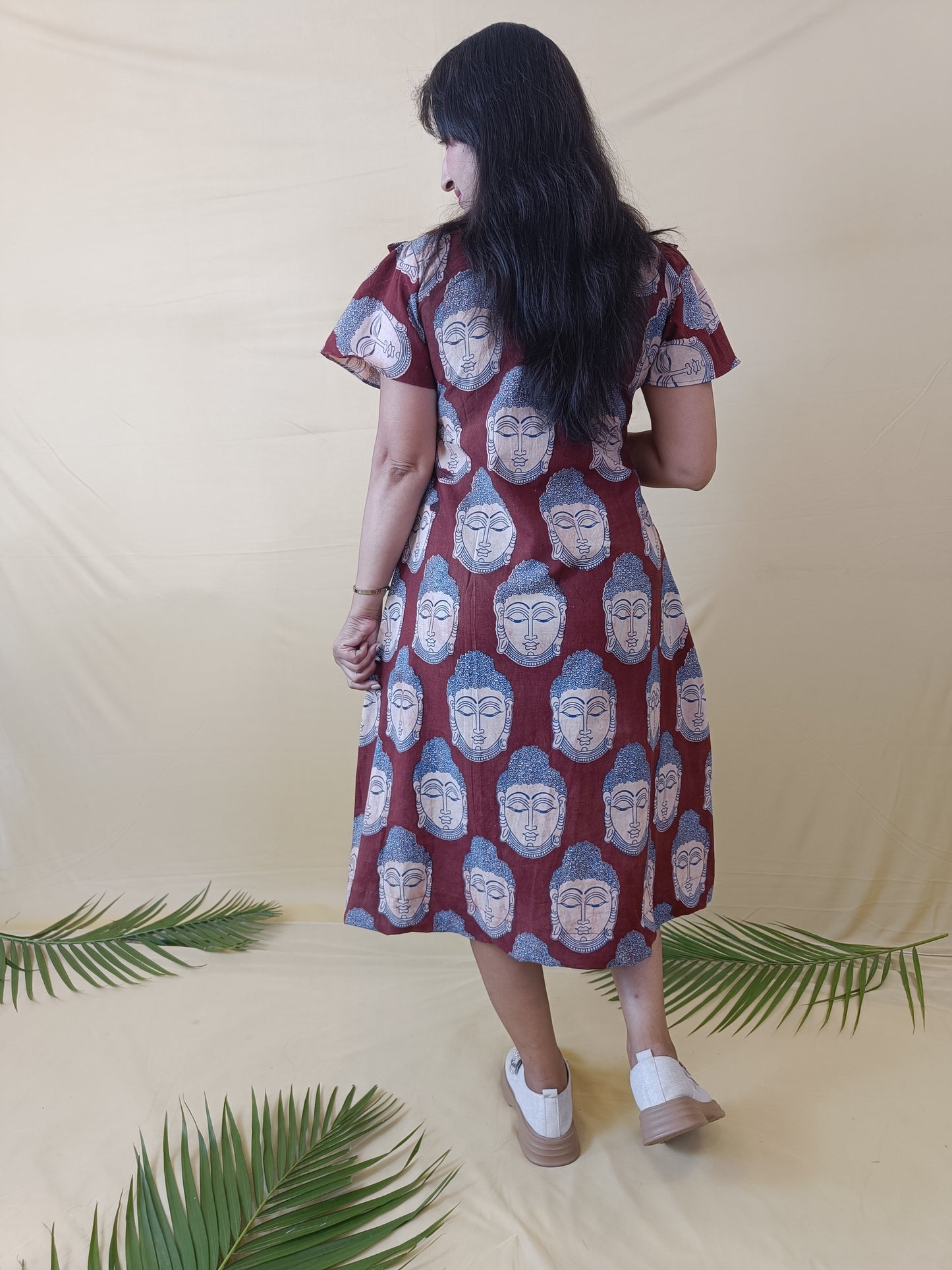Magic Maroon Kalamkari Cotton Middy Dress
