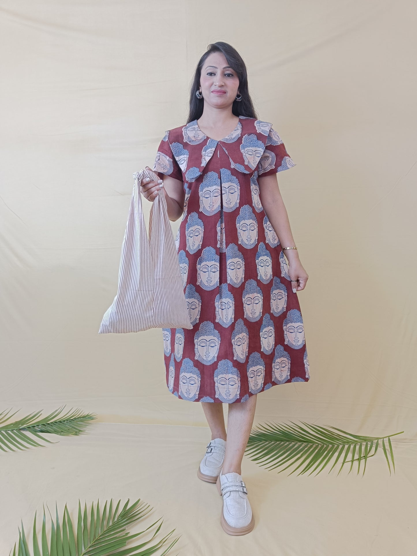 Magic Maroon Kalamkari Cotton Middy Dress