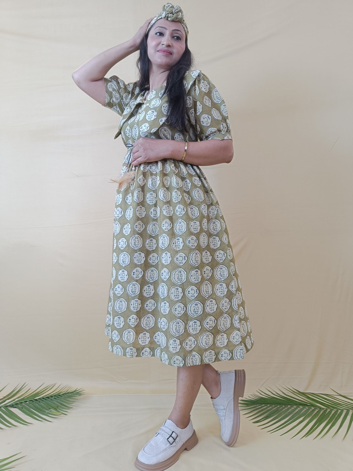 Magic Mahendi Green Handblock cotton Middy Dress