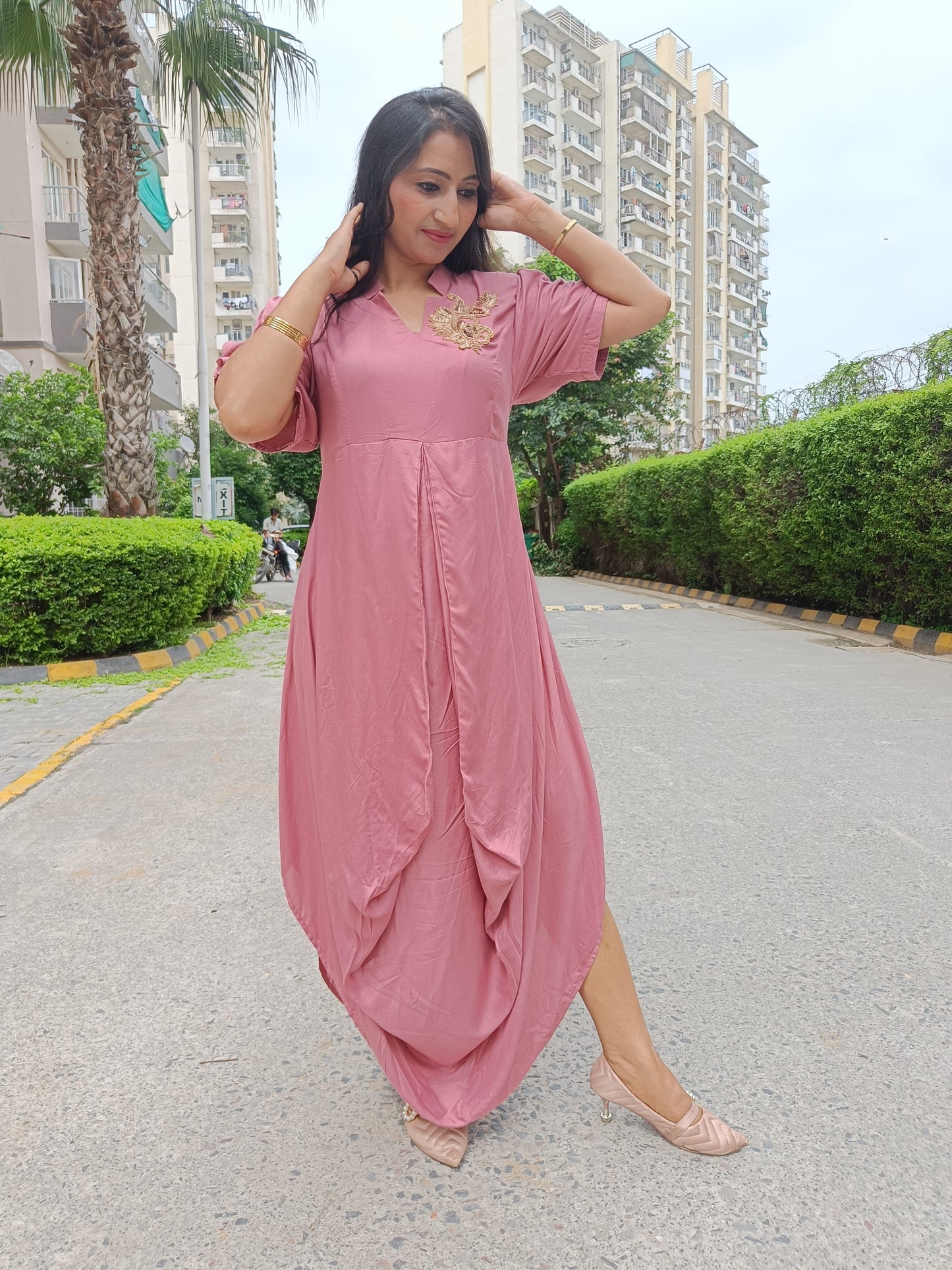 Onion Pink Drape Dress
