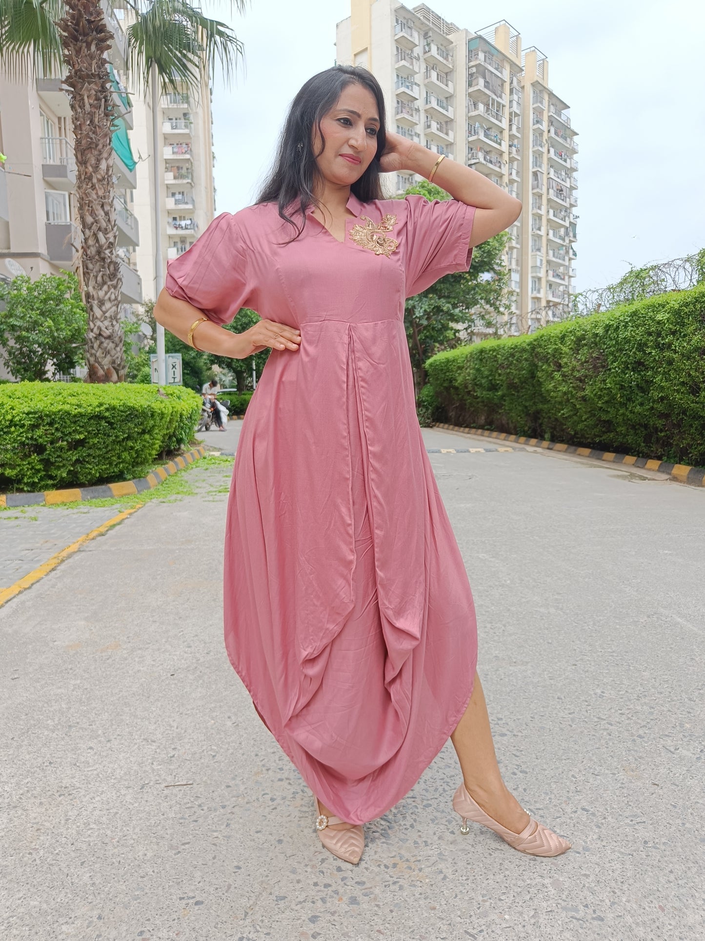 Onion Pink Drape Dress