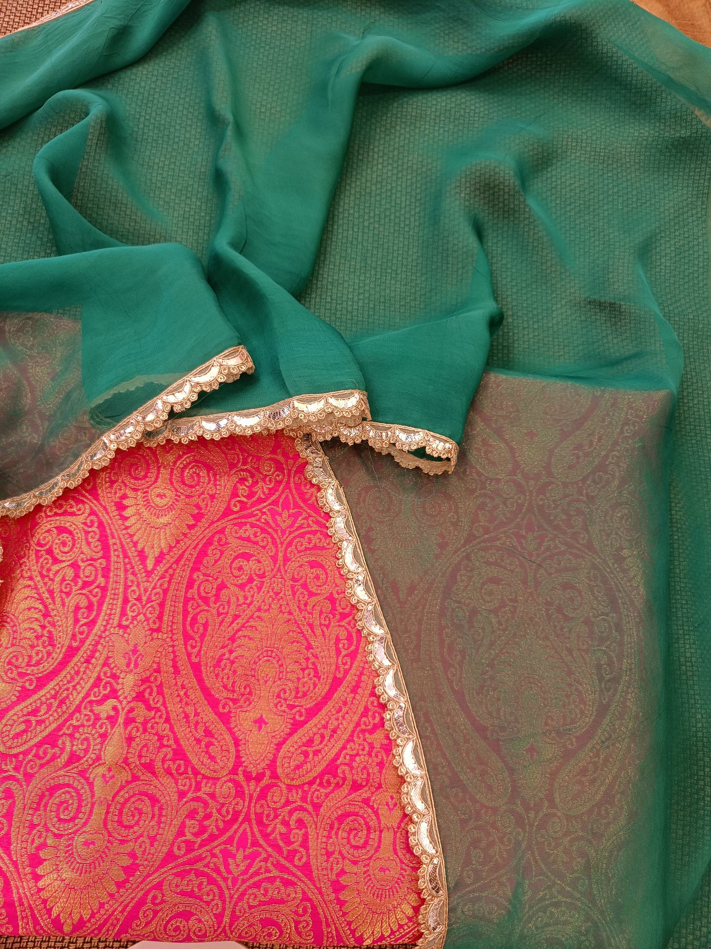 Pink-Green Brocade Sharara Suit Set