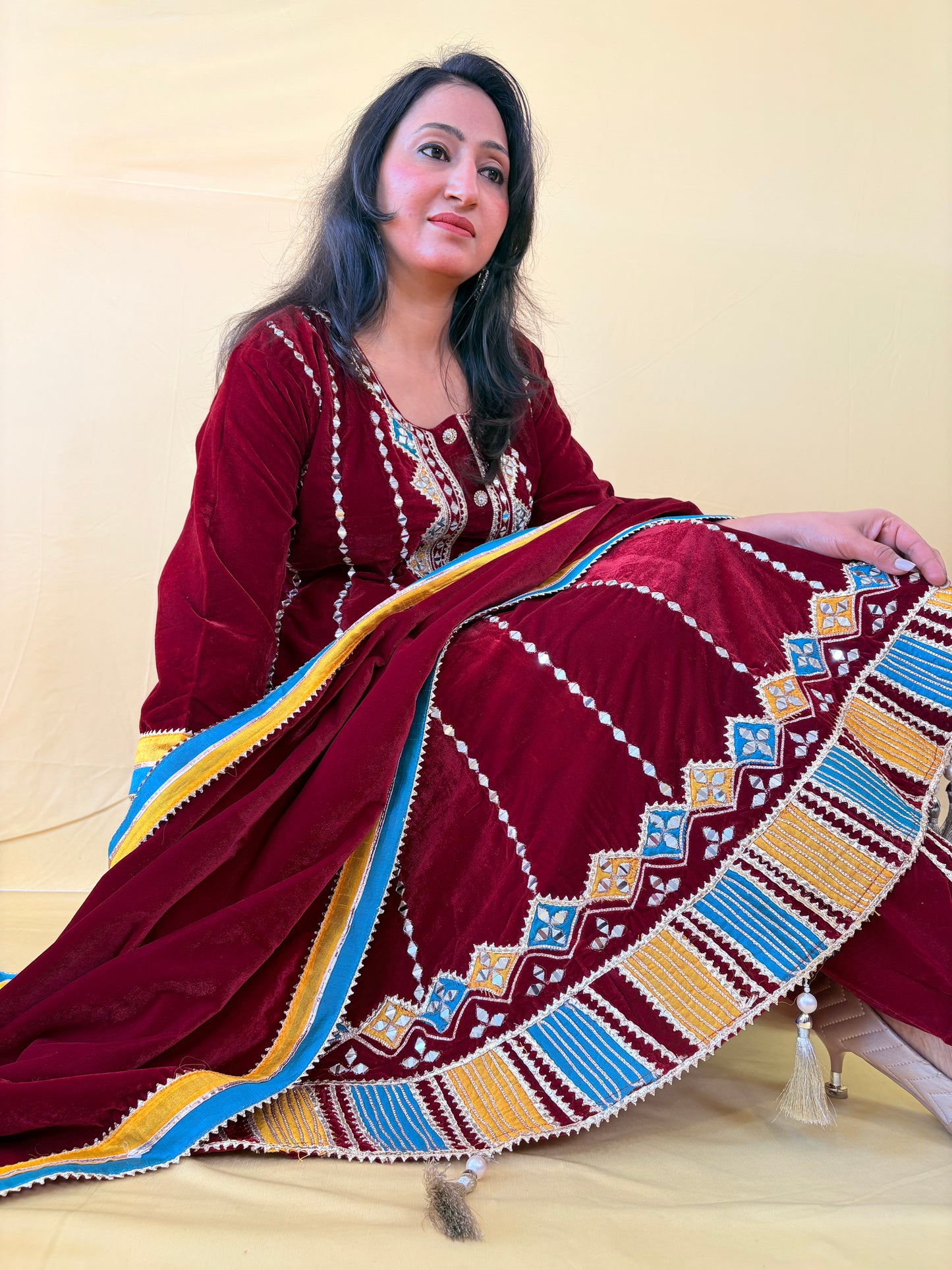 Maroon velvet choga style suit set with dhoti salwar ( Set of 3)