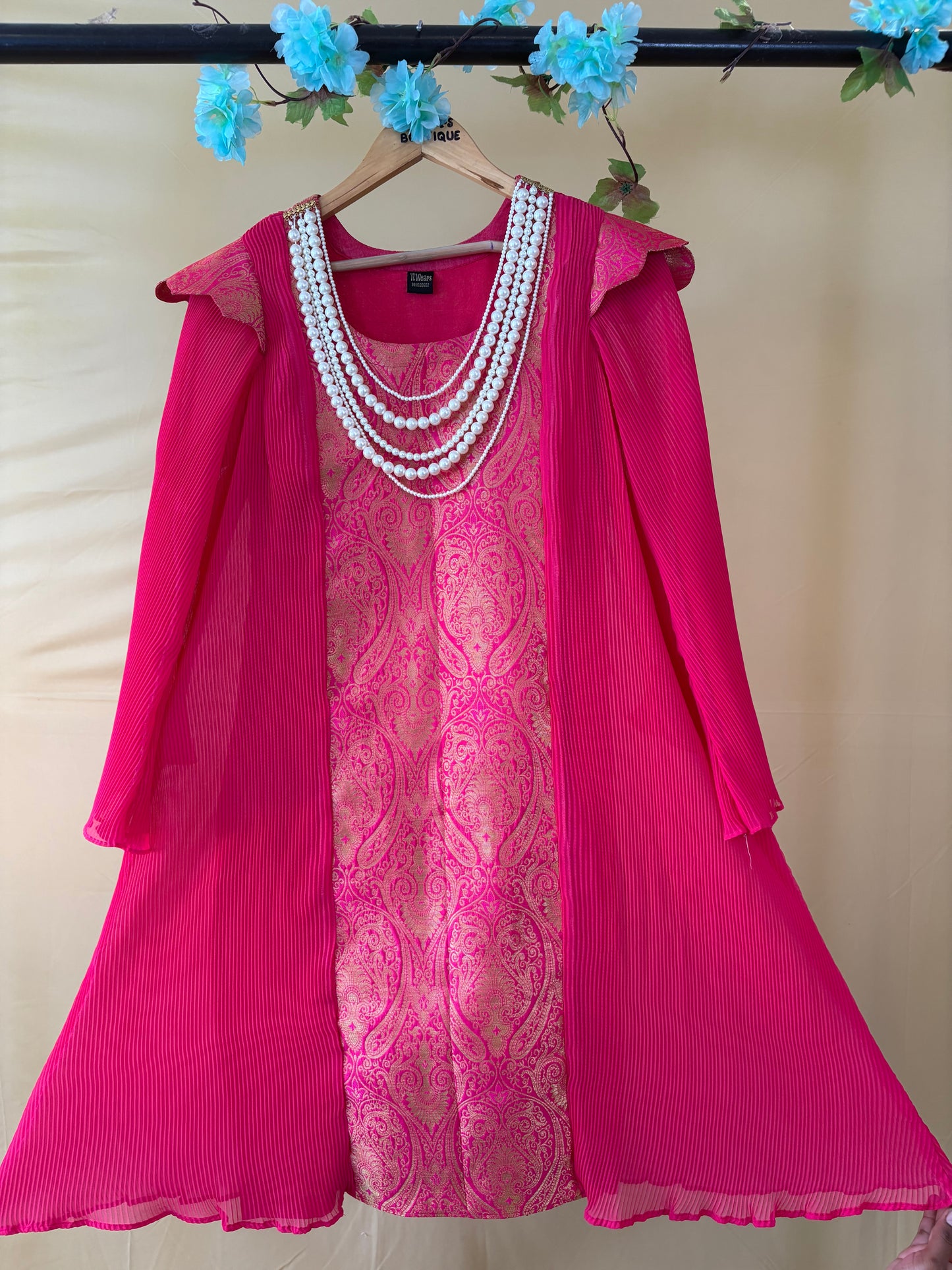 Pink Brocade Part Wear A-Line Suit Set (Set of 3)