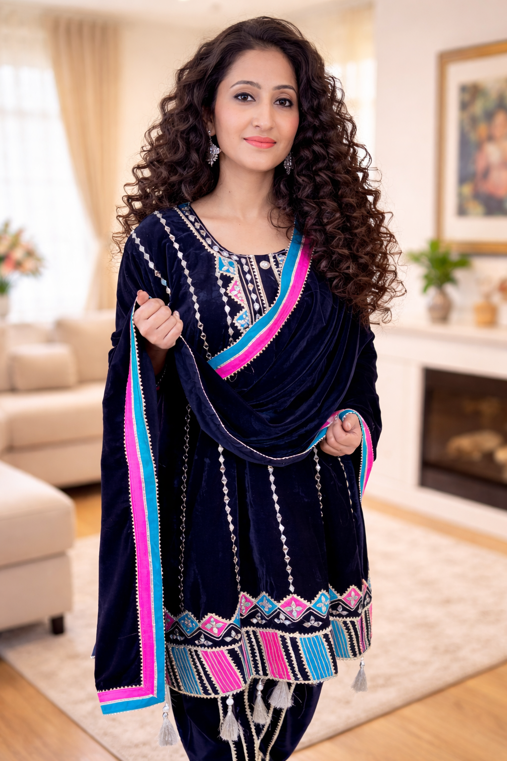 Dark Blue choga style suit set with dhoti salwar ( Set of 3)