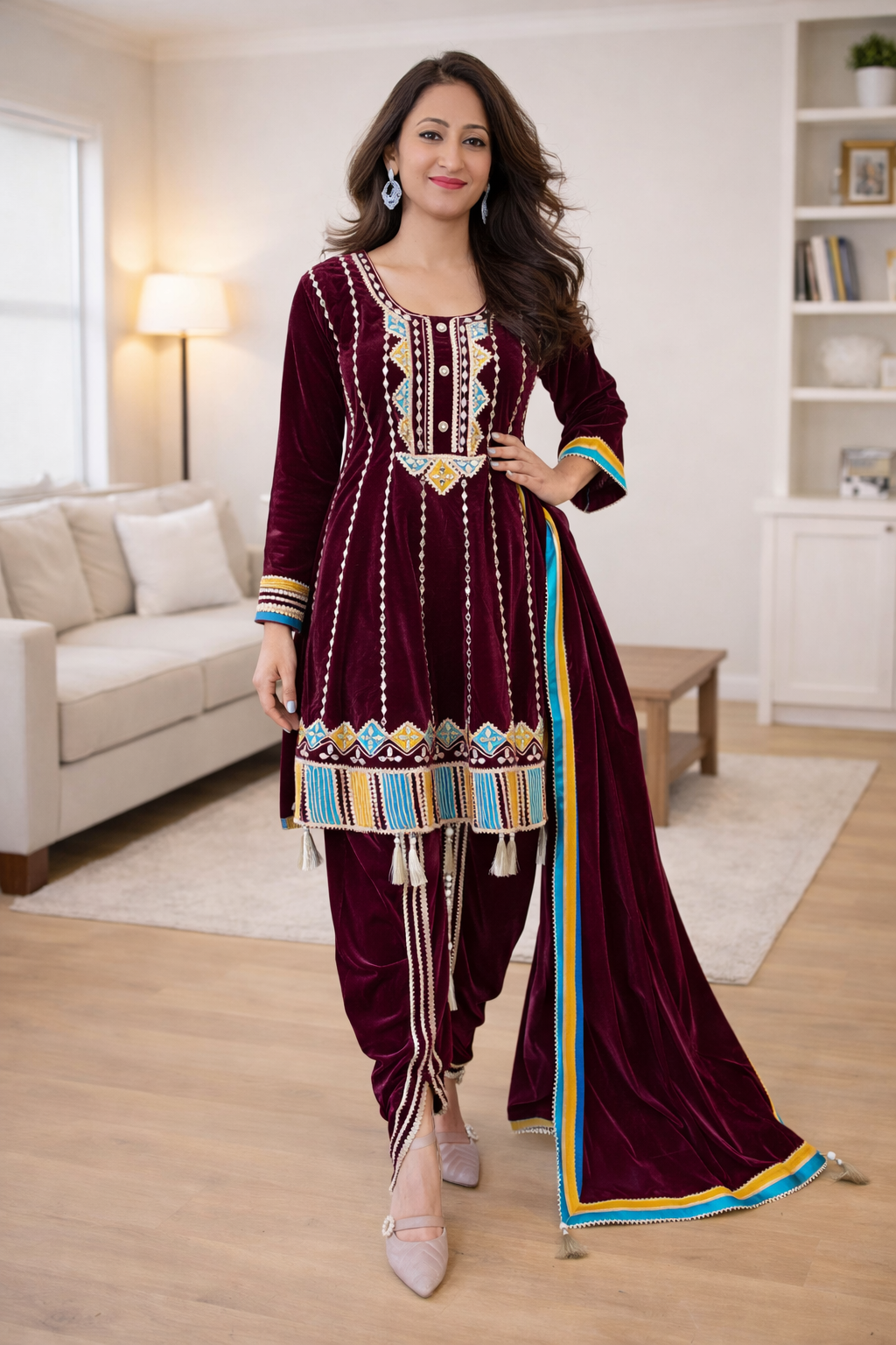 Purple velvet choga style suit set with dhoti salwar ( Set of 3)