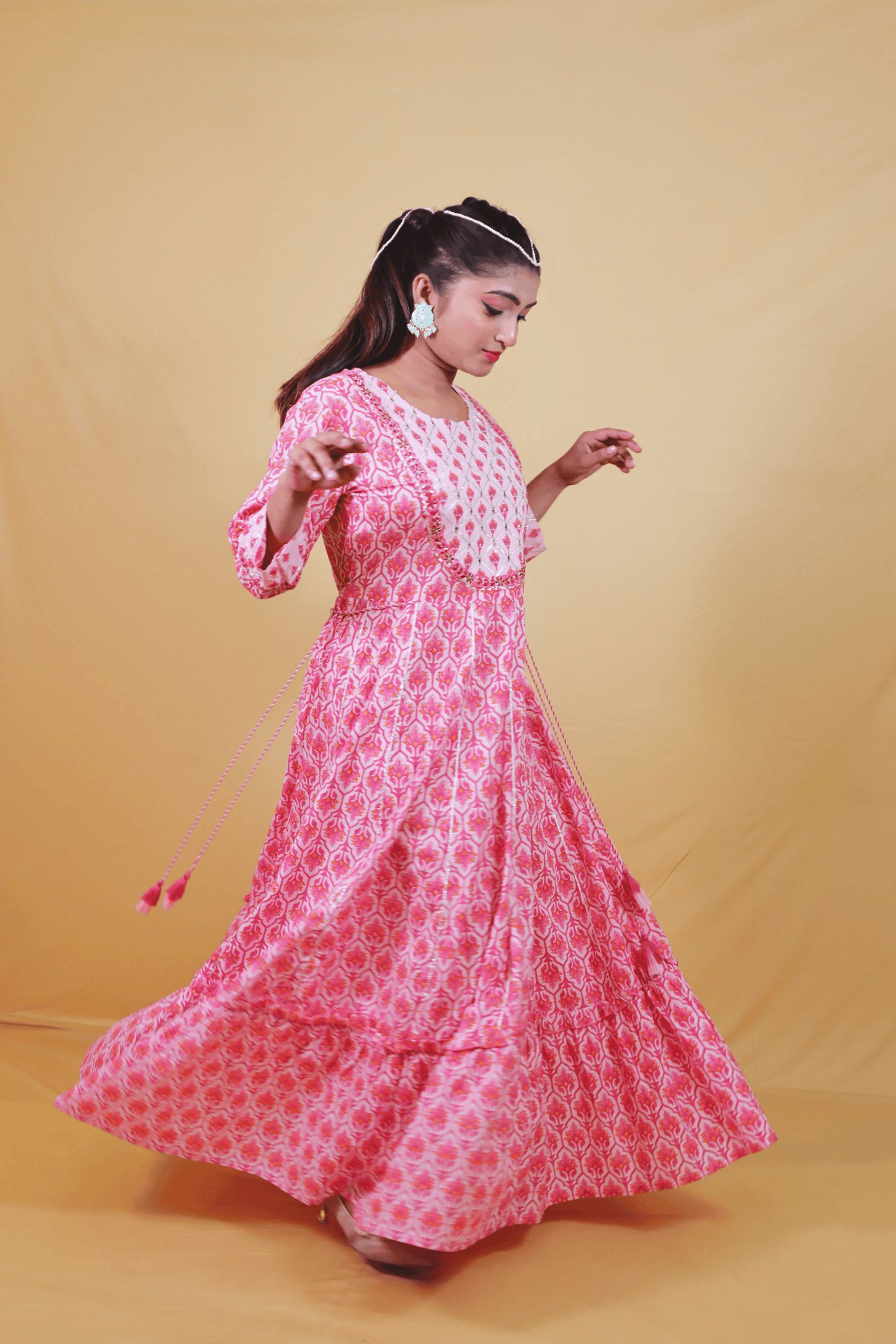 Peach Cotton Printed Gota Pati Anarkali dress