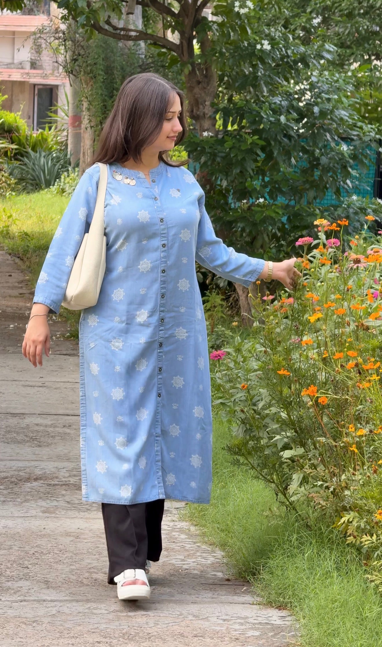Denim Blue Printed straight kurta Set
