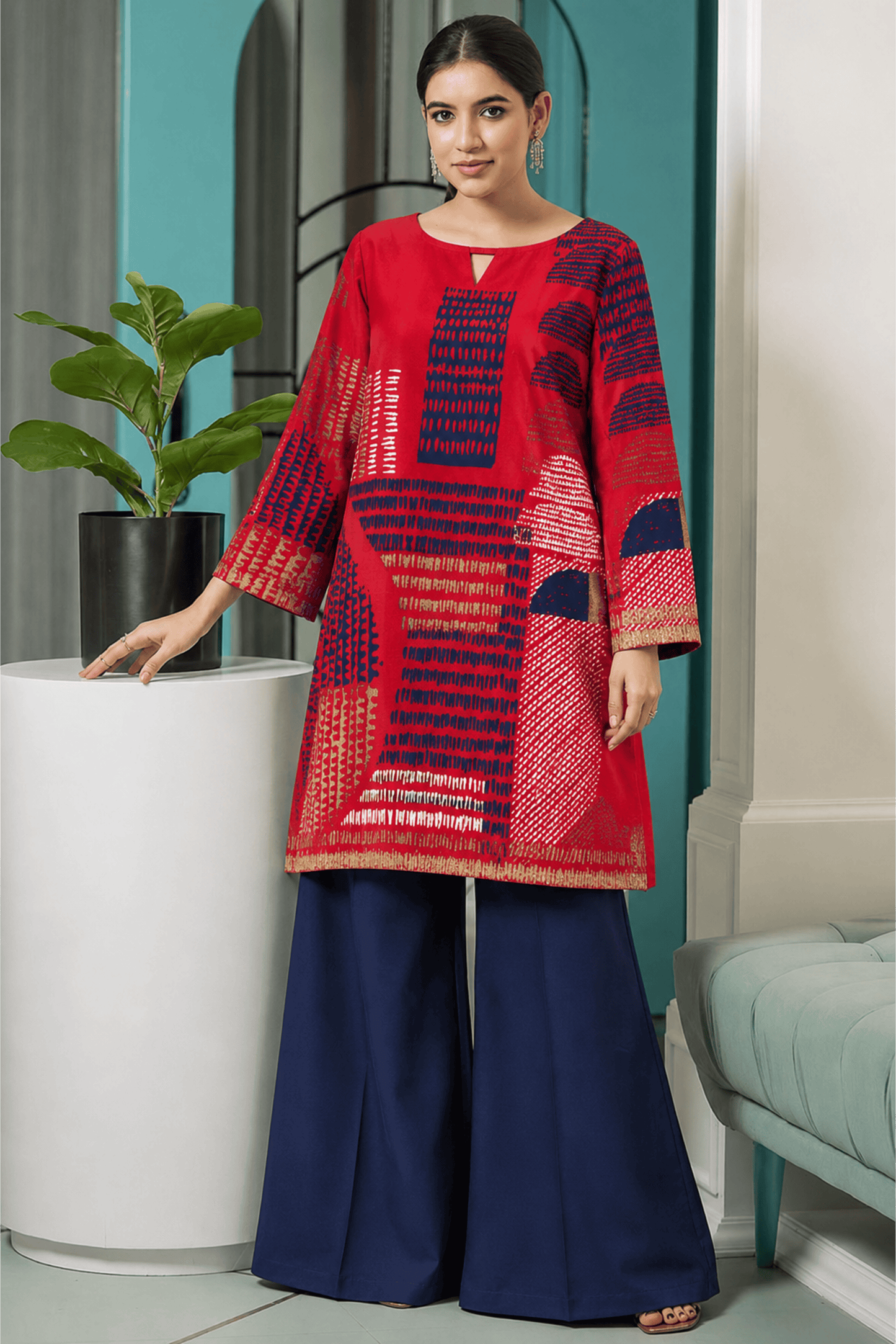 Red Printed Cotton Rayon Short Kurti & Blue Cotton Wide-Leg Palazzo