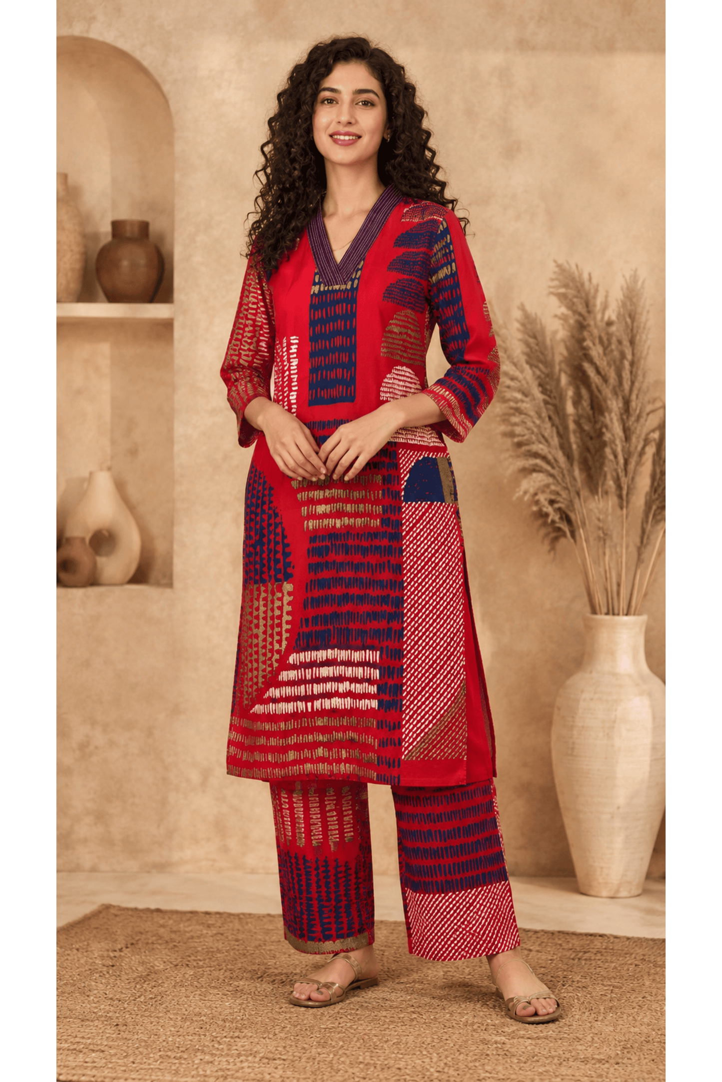 Red Printed Cotton Rayon Kurti & Red Printed Cotton Rayon Pants