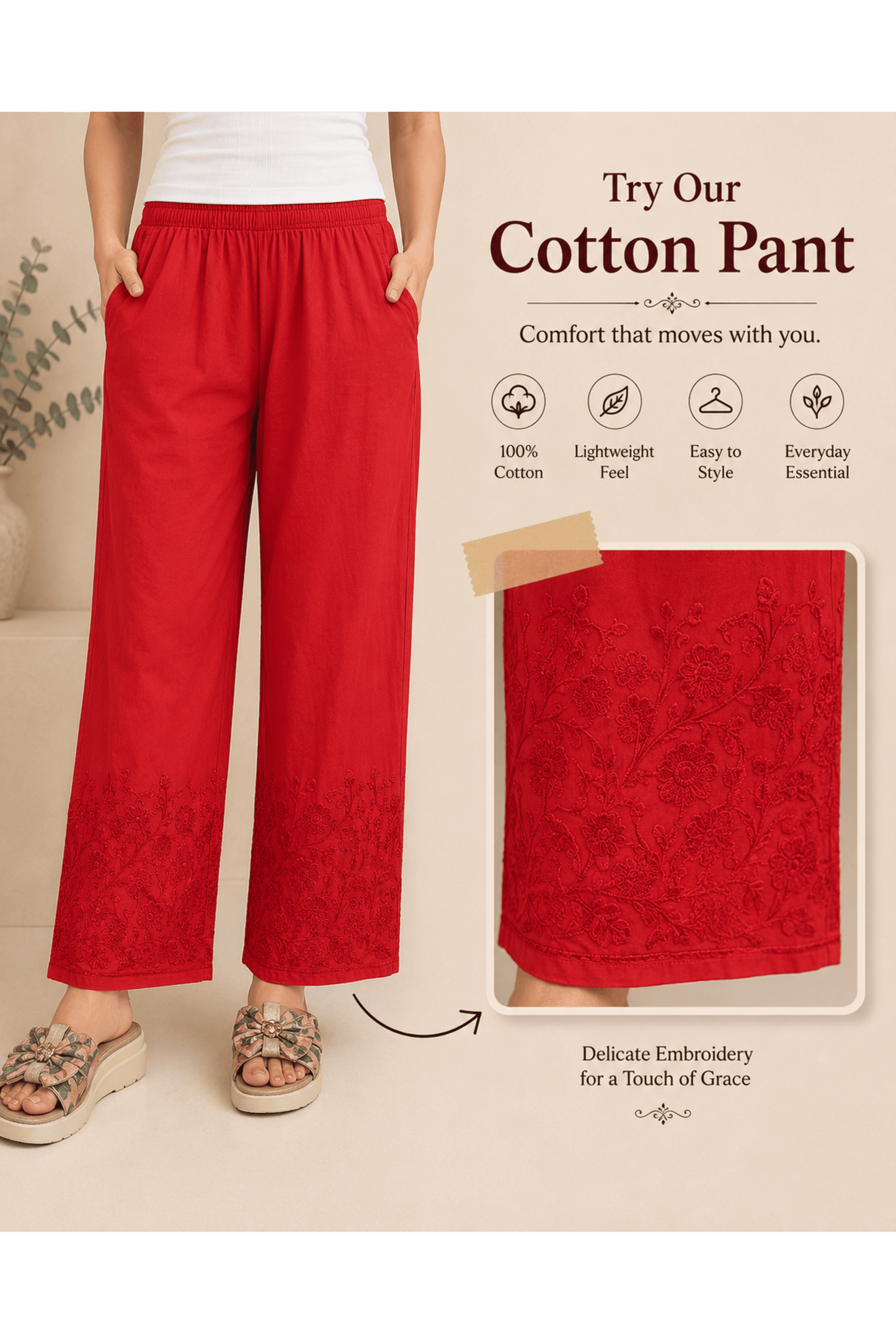 Red Rayon Cotton Kashmiri Embroidered Plazo