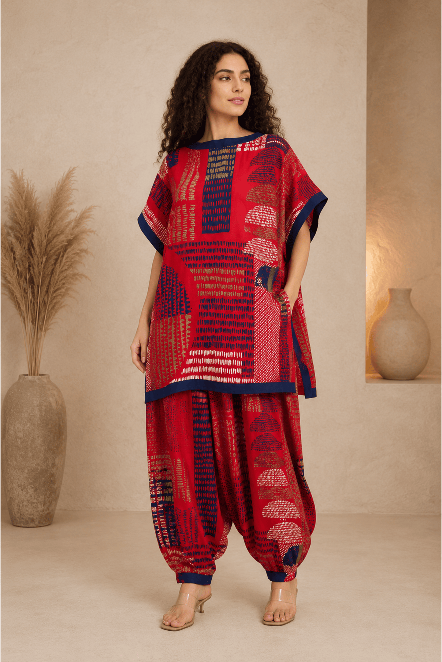Red Printed Cotton Rayon Kaftan Top & Red Printed Cotton Rayon Balloon Pants