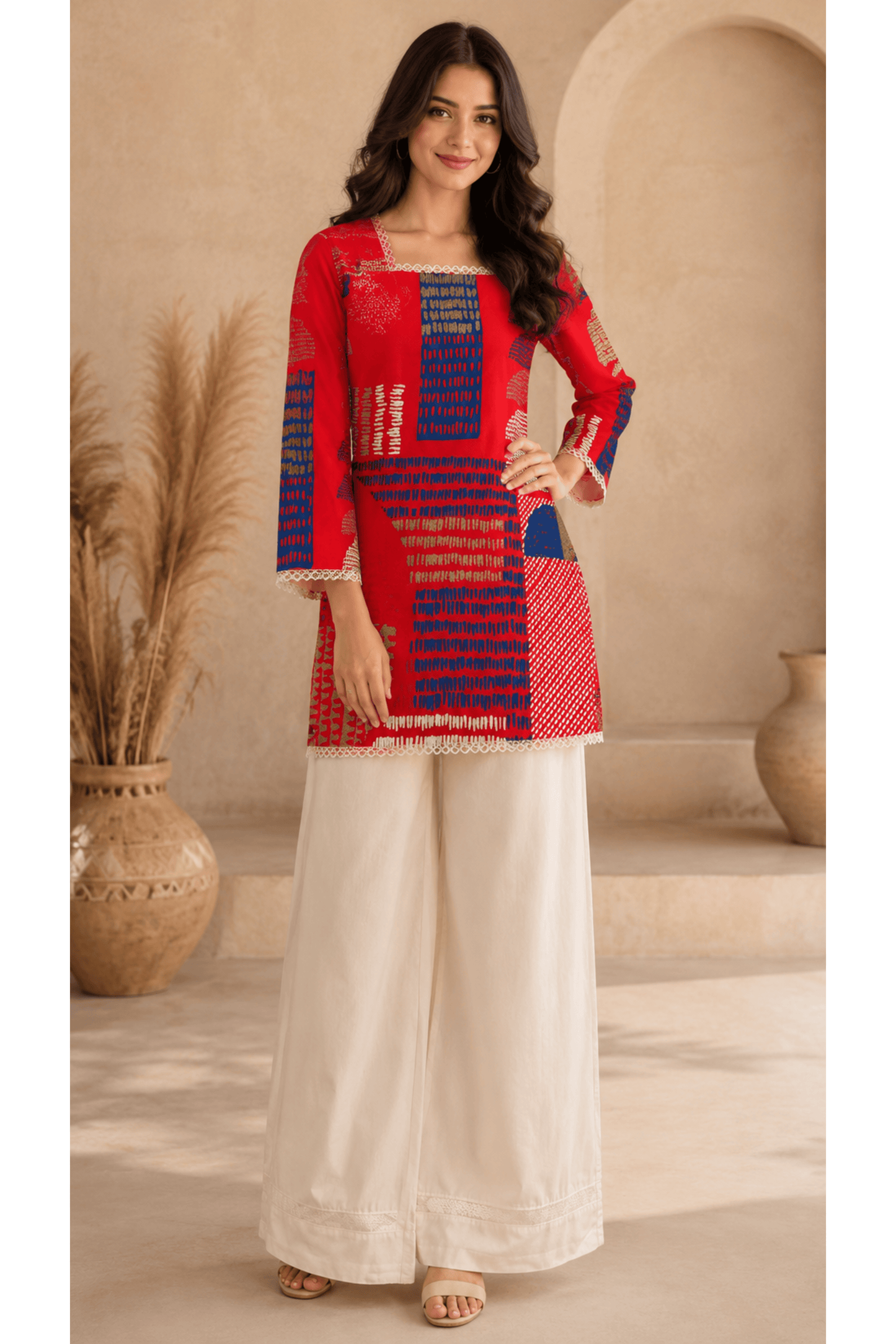 Red Printed Cotton Rayon Short Kurti with White Cotton Palazzo