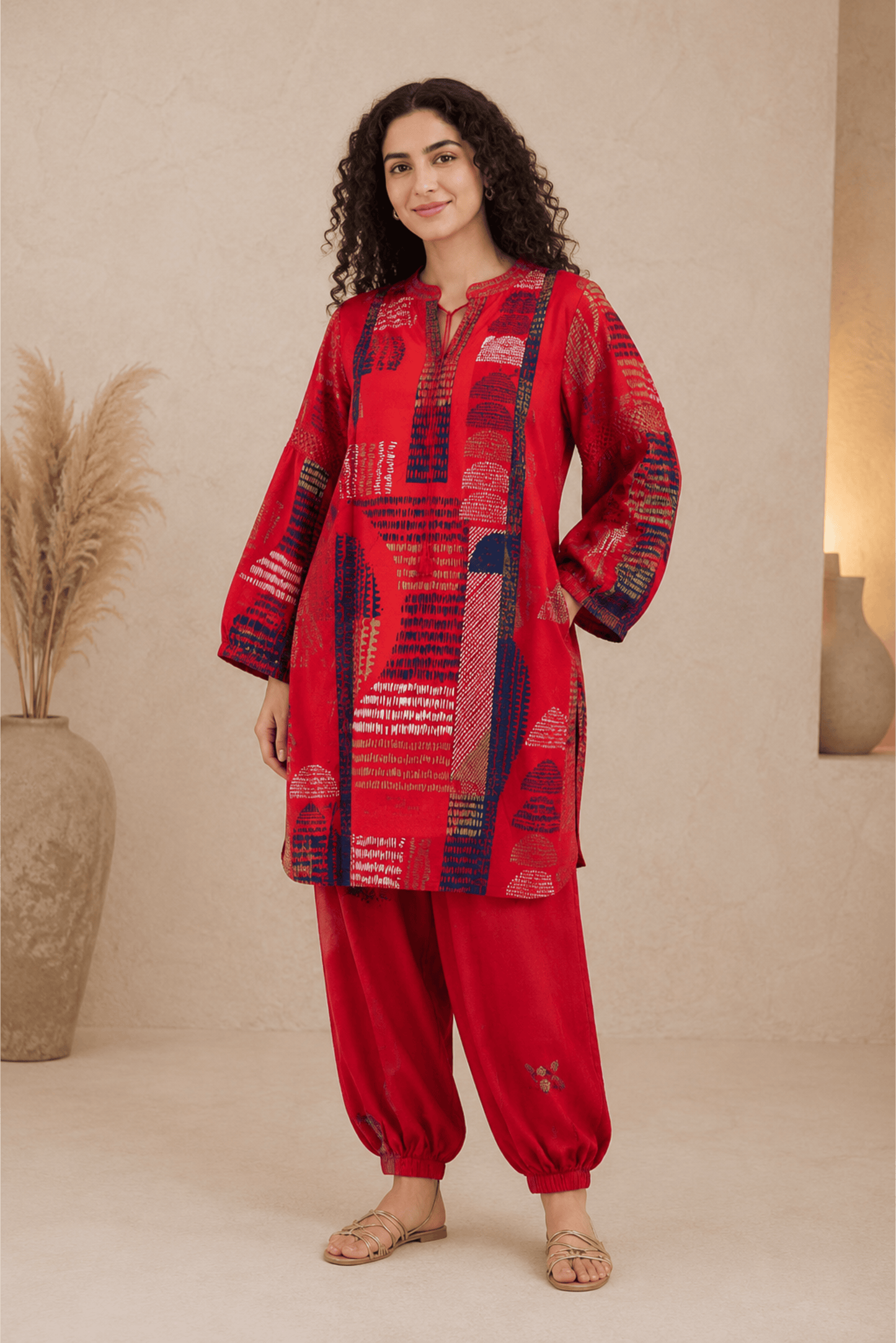 Red Printed Cotton Rayon Kurti with Bell Sleeves & Red Cotton Balloon Pants